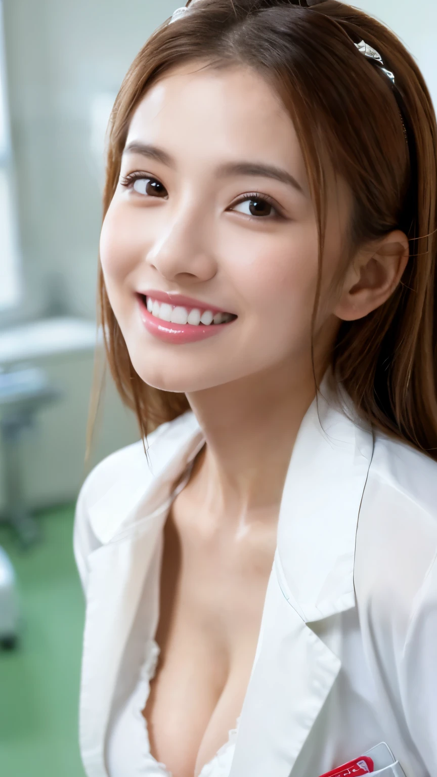 ((1 nurse,white nurse uniform、white nursing short cap,White,short white tight skirt,,smileで私を見てください,looking at camera,look at the camera,Treatment room in a hospital room, Take photos from up close to her)),very detailed顔、Put the stethoscope around your neck,double eyelid、White and clean teeth,brown eyes,chest strengthening,emphasize body line,smile at me lovingly、gentle expression、beautiful lips,Detailed depiction of the background of the hospital room,perfect lighting、Award-winning work,table top,Natural light,natural soft light)),((looking at camera,smile,white teeth,A big smile,カメラを見つめるA big smile),((High-definition RAW color photo, professional photos, very delicate and beautiful, very detailed,finely, huge file size,best image quality,8k,Photo taken with a single-lens reflex camera、very intricate details, 120K, ultra hd, masterpiece)),(big cleavage:1.3), close your chest、horse riding,lure, shot from below
