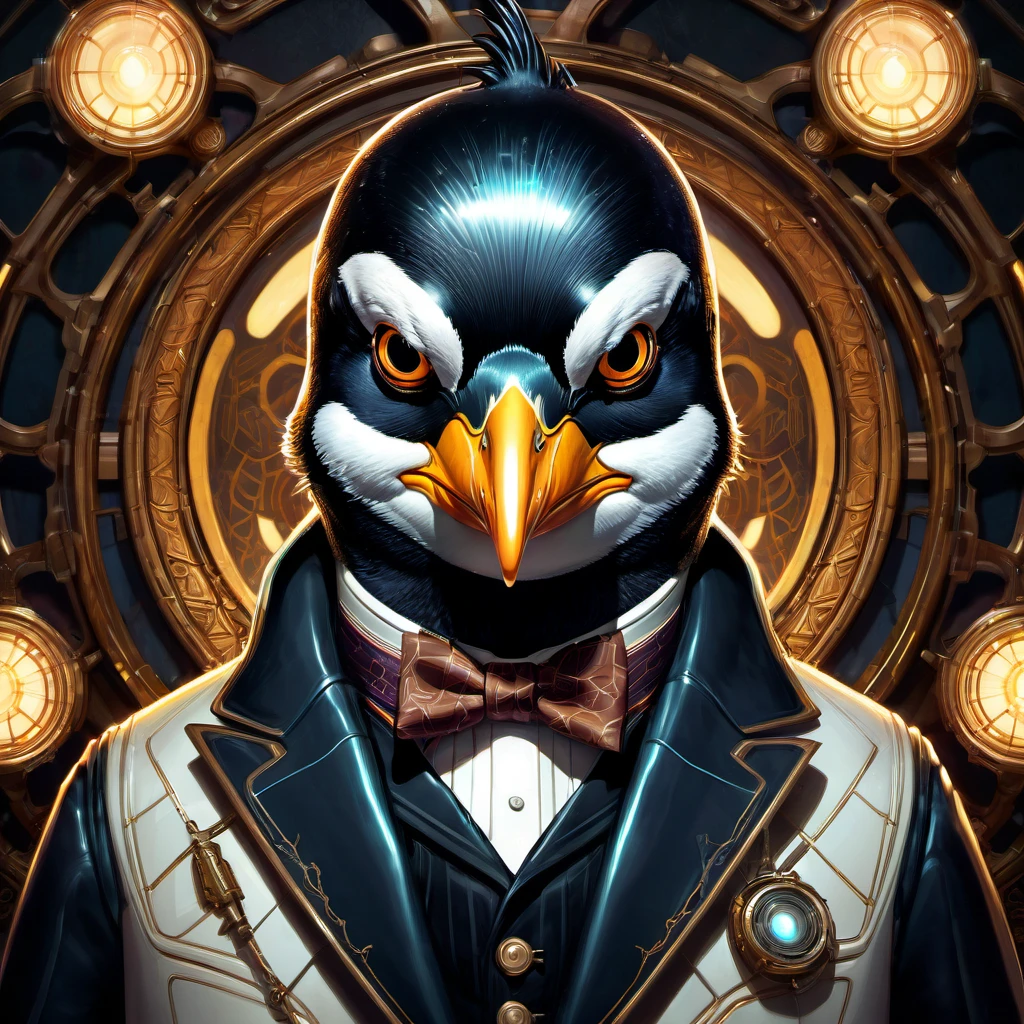 Symmetry, aesthetic, extremely detailed, symmetrical, Symmetry portrait of penguin from bioshock, vintage, sci-fi, tech wear, glowing lights intricate, elegant, highly detailed, digital painting, artstation, concept art, smooth, sharp focus, illustration, art by artgerm and greg rutkowski and alphonse mucha