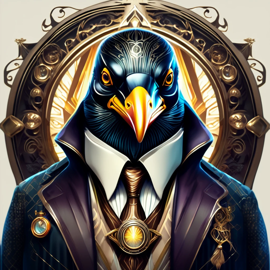 Symmetry, aesthetic, extremely detailed, symmetrical, Symmetry portrait of penguin from bioshock, vintage, sci-fi, tech wear, glowing lights intricate, elegant, highly detailed, digital painting, artstation, concept art, smooth, sharp focus, illustration, art by artgerm and greg rutkowski and alphonse mucha