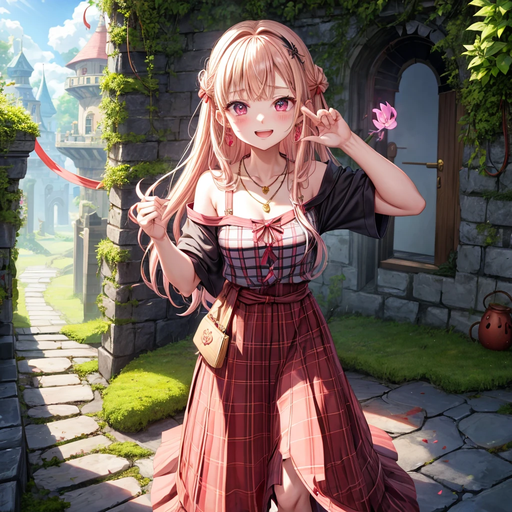 pink blonde、red eyes、one good looking girl、solo、anime、plaid mini skirt、the skirt has buttons、black camisole、black t-shirt、dress、wearing a ribbon、ribbon at waist、cloak、hood、stone slabs are piled up、crystal earrings、monster castle、jewelry necklace、Light and shadow、walking、tunnel、clock、Stuck in the wall、universe、vine plant、petal、tilting one&#39;s face、teeth are visible、Red carpet、door of the future、spiral stage、fire spirit、moss is growing、book of magic、Iron nuggets、Venus