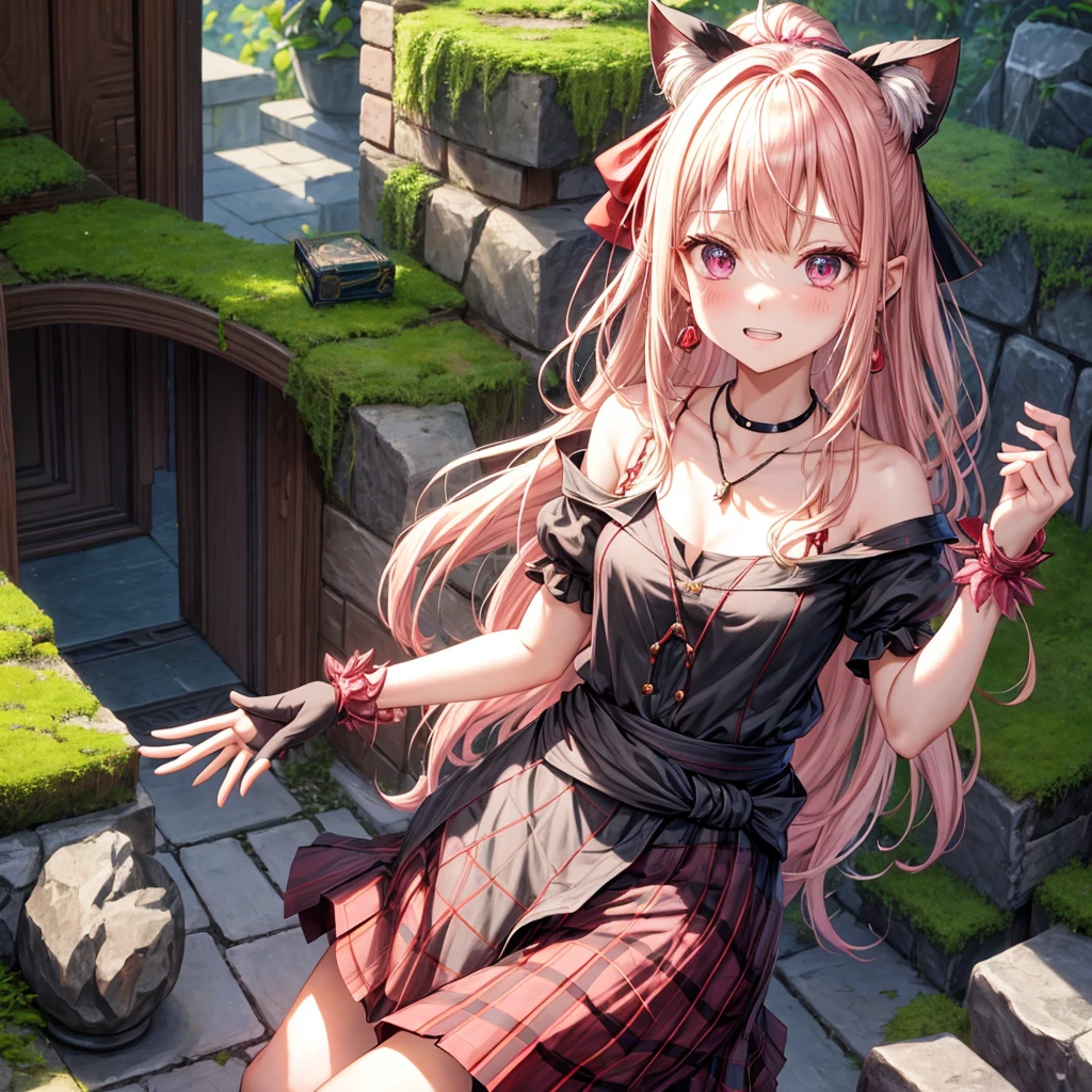 pink blonde、red eyes、one good looking girl、solo、anime、plaid mini skirt、the skirt has buttons、black camisole、black t-shirt、dress、wearing a ribbon、ribbon at waist、cloak、hood、stone slabs are piled up、crystal earrings、monster castle、jewelry necklace、Light and shadow、walking、tunnel、clock、Stuck in the wall、universe、vine plant、petal、tilting one's face、teeth are visible、Red carpet、door of the future、spiral stage、fire spirit、moss is growing、book of magic、Iron nuggets、Venus