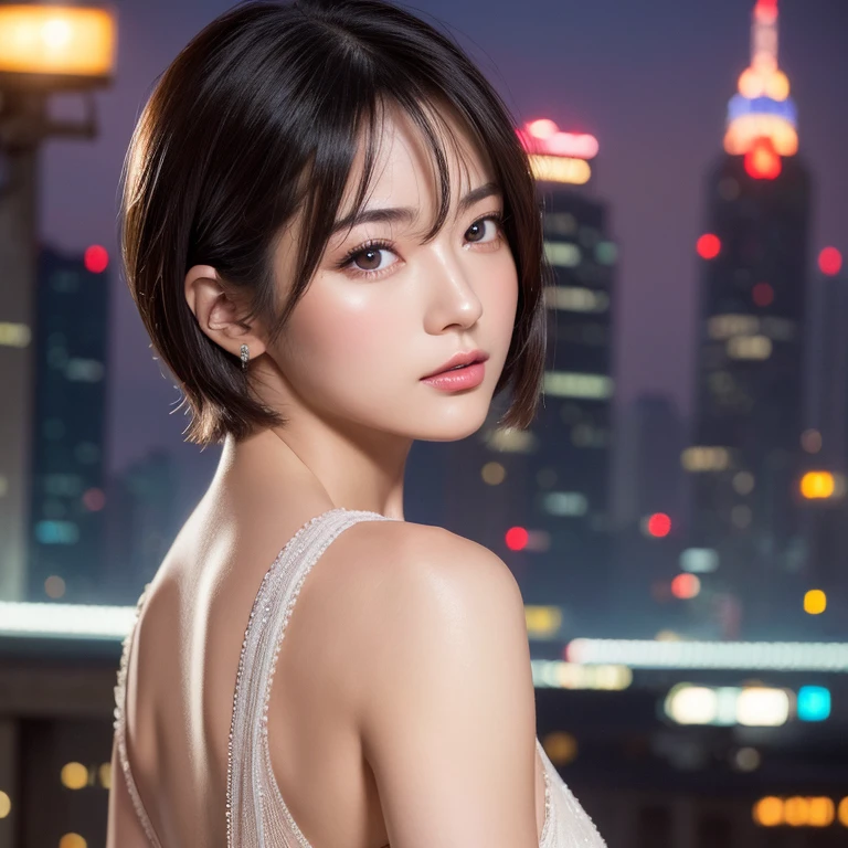 masterpiece:1.2, Very detailed, Ultra-high resolution, Realistic, photo Realistic:1.6, High-resolution RAW color photos, Professional photos, Sharp focus:1.2, Very detailed顔と肌の質感, Very beautiful eyes, Glossのある肌, Glowing Skin, Glowing Skin, Shining Face, Gloss, Oily skin, greasy face, Oily skin, greasy face,, real Glossのある肌 texture, Perfect Anatomy, Very detailed背景,(Beach at night),1 female,25-year-old woman, Japanese women,height: 168cm,short hair, Straight hair, bangs, Brown Hair,Flat Chest:1.6,Slender legs, ,Luxury earrings、Super high-end necklace、(nude)