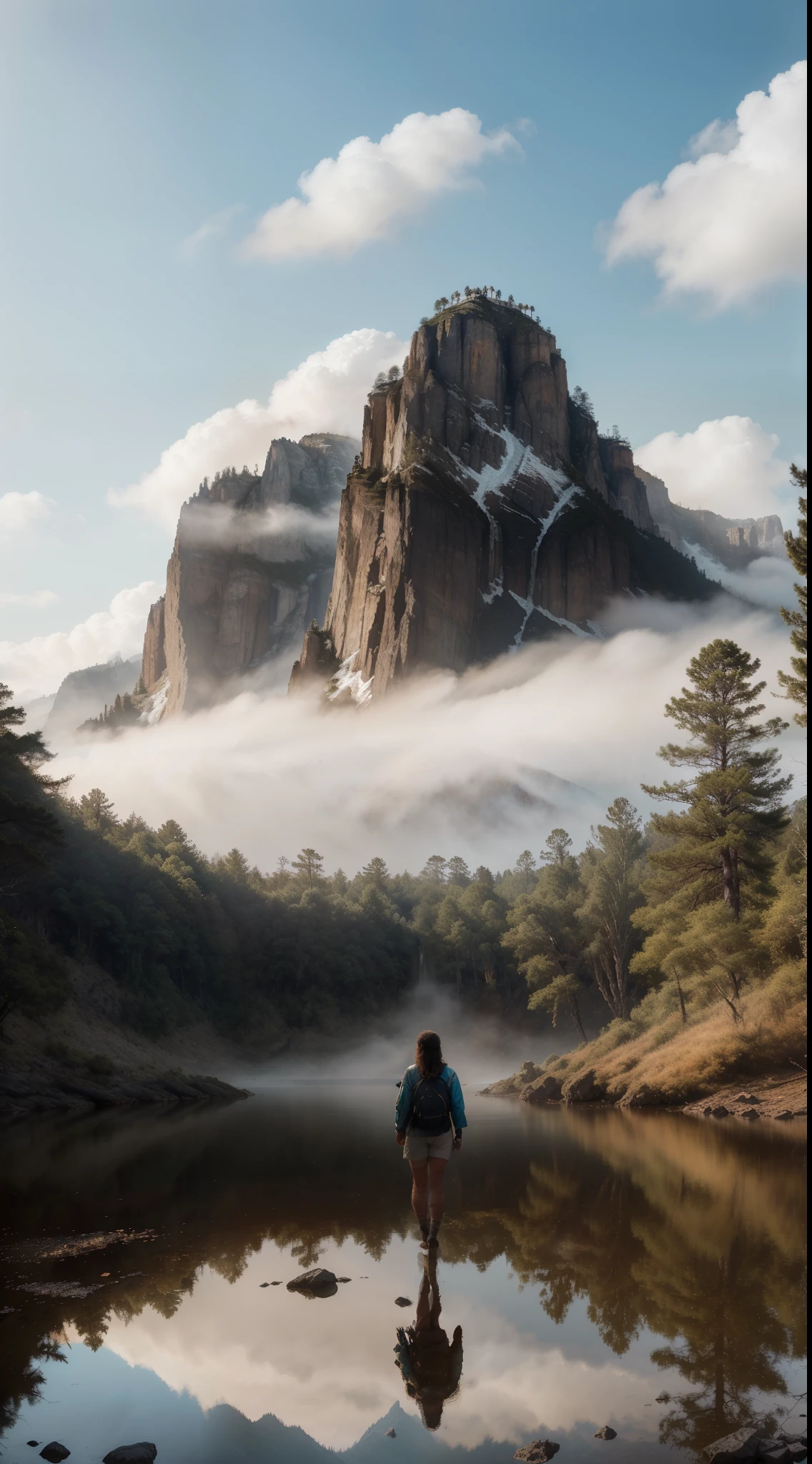 (best quality,4k,8k,highres,masterpiece:1.2),ultra-detailed,(realistic,photorealistic,photo-realistic:1.37),silhouetted hiker,standing atop,misty,mountain peak,confronting majestic dragon,golden sunlight,dragon wings spanning,clouds,ethereal,illuminated,undulating golden scales,powerful,towering,awe-inspiring,sharp silhouette,dramatic contrasts,steep cliffs,stark landscape,adventure,exploration,serene atmosphere,whispering winds,untouched beauty,secluded,remote,towering pine trees,crisp air,captivating,nature's majesty,profound moment,rugged path,overcoming challenges,breathtaking scenery,distant horizons,mystical,Ivory Fang,untamed wilderness,fantasy world,legendary creature,dripping fangs,intense gaze,moment frozen in time,dynamic composition,earthly connection,spiritually uplifting,unforgettable journey,reflection of the human spirit,mind-blowing vista.
