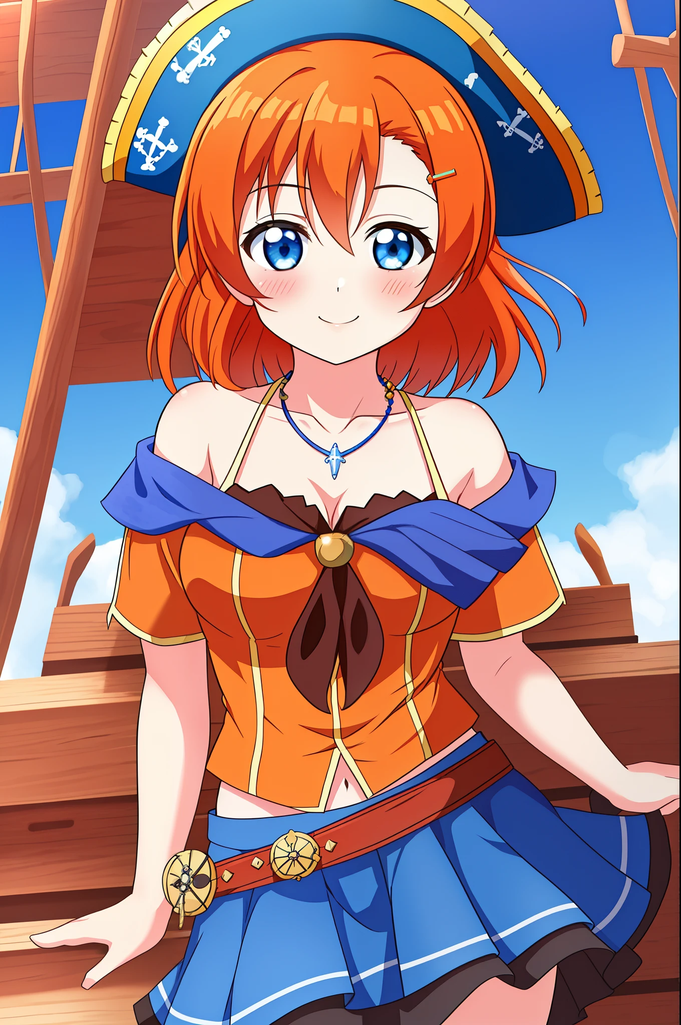 (Masterpiece, Best Quality, High Quality), volumetric lighting, illustration, beautiful, tight , Blushing, looking at viewer,solo, posing for picture, seductive, perfect lighting, perfect shadows, nishikino maki, love live,purple eyes,red hair, beach top, sarong, cleavage,breasts apart, big breasts, pirate hat,on ship , colossal cleavage , crotch exposed , pubic area exposed 