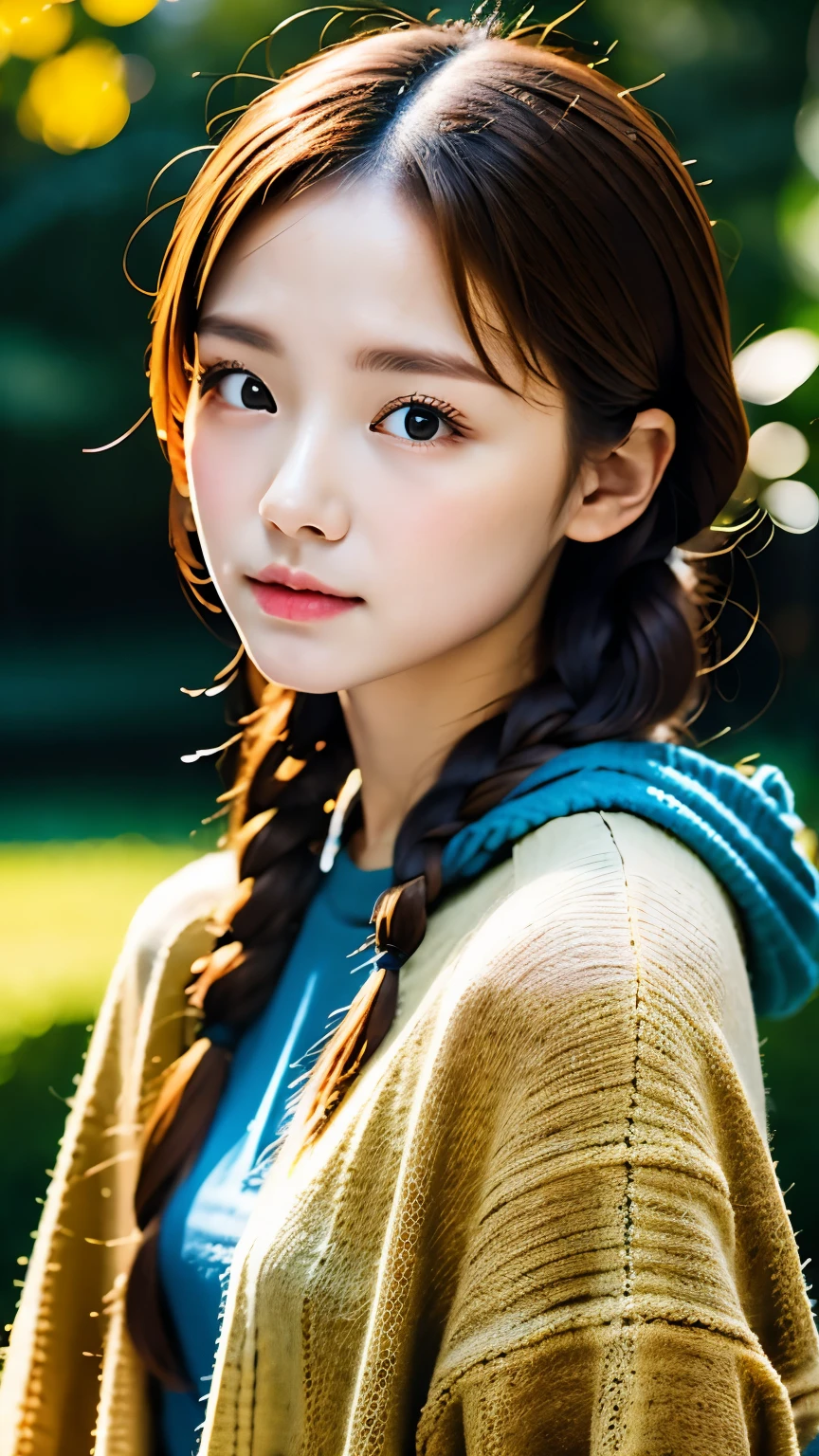 one girl、((smile:0.1))、pretty girl、dark beige hair、baby face、young、delicate girl、Braid、Upper body、small breasts、unreasonable precision、Super detailed、blue shirt、Layering、light orange hoodie、completely flat、Honesty、thin arms, professional lighting, film grain, chromatic aberration, (Eye and face details:1.0), (Bokeh:1.1)、software:1.5)))、 highest quality, 8k, 14 years,