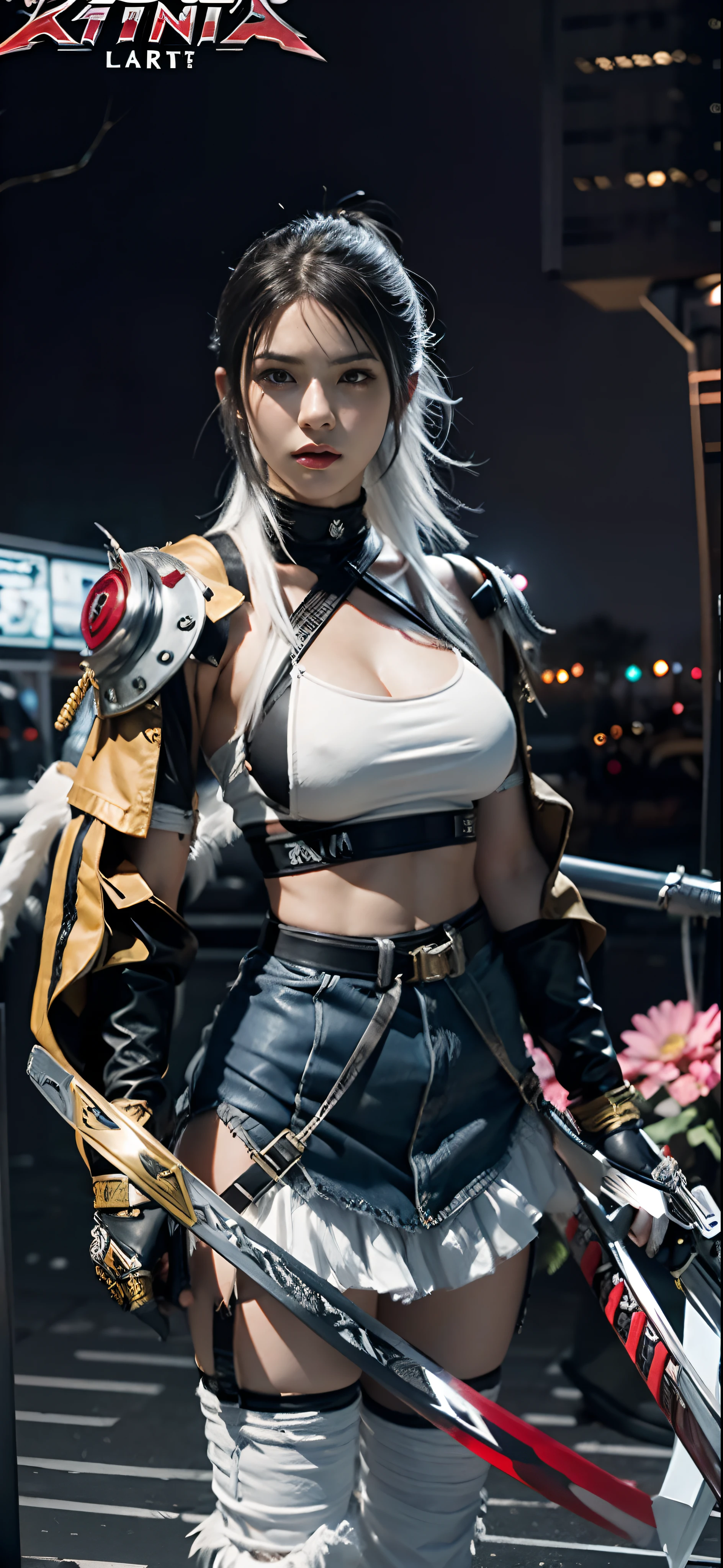 a close up of a person in a costume with a sword, as a character in tekken, female character, tifa lockhart with white hair, katana zero video game character, lunar themed attire, kda, slim body, cyborg - girl with silver hair, upper body avatar, (( medium breast;1.2)), fashion gameplay screenshot, fighting game character, new character, floralpunk elysian maiden, sigma female