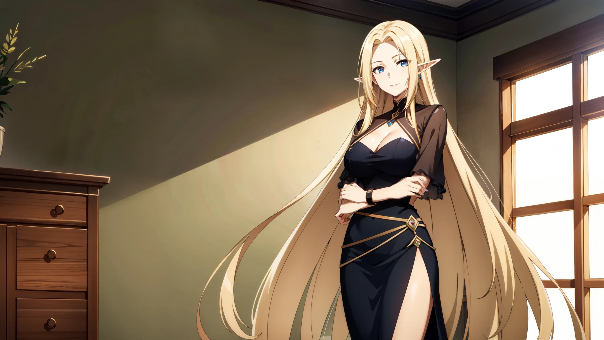 tall body, tall, long legs, mature female, mature, adult, simple background eft_eminence_elf, 1girl, long hair, solo, blonde hair, very long hair, dress, smile, blue eyes, looking at viewer, pointy ears, standing, window, black dress, bracelet, jewelry, indoors, breasts, closed mouth, elf