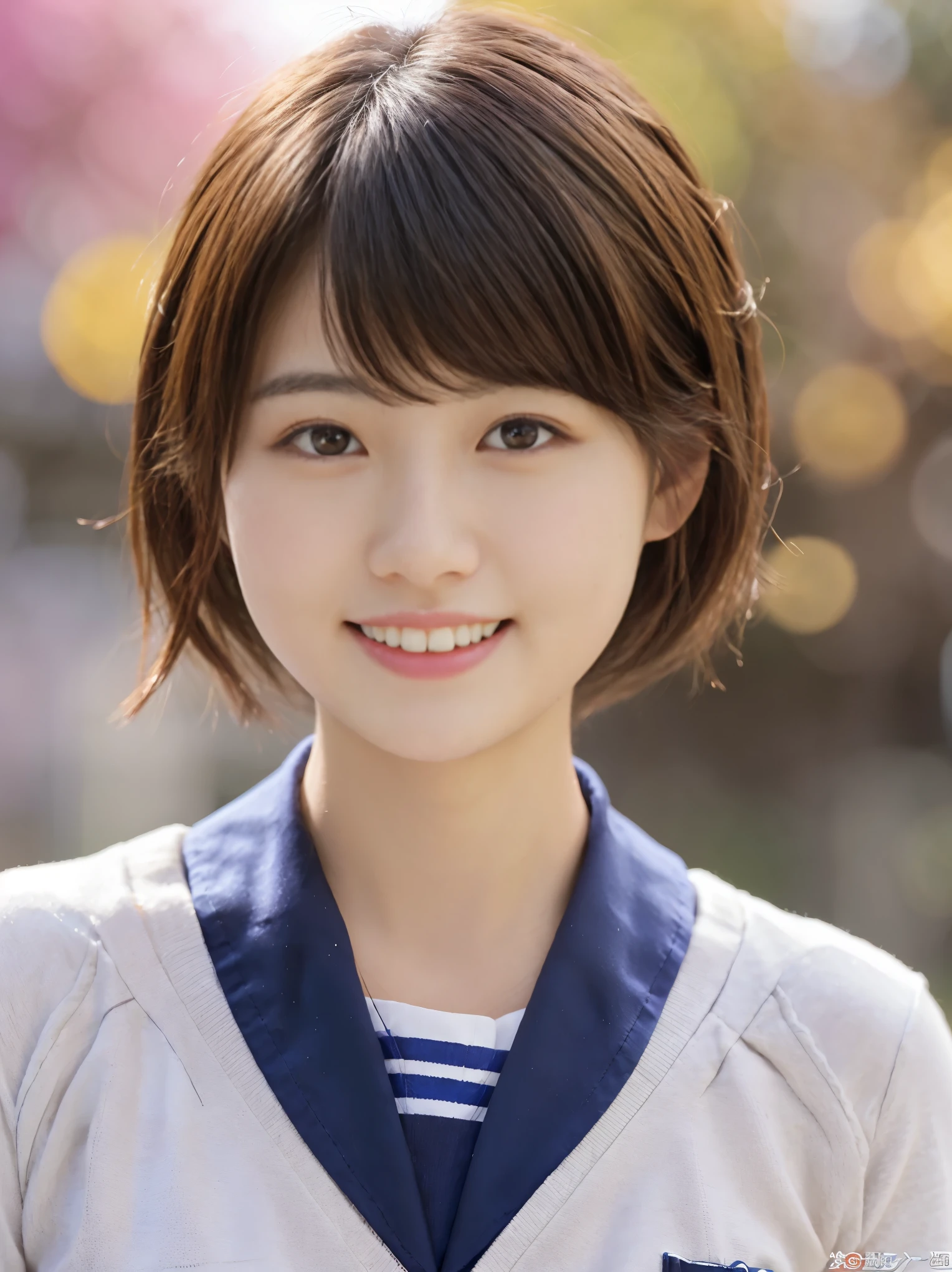 short cut hairstyle 、japanese women、autumn school building、thin脚、extraordinary beauty、cute face、best smile、cute smile、frontage、thin、School、 (Raw photo:1.2), (Photoreal:1.4),　beautiful detailed girl, very detailed目と顔, beautiful and fine eyes, huge file size, High resolution, very detailed, highest quality, masterpiece, ((Japanese girls&#39; high school uniform)), very detailed, CG, 8k wallpaper, grow, finely, highest quality, Hvery detailed CG uniforms、 light shines on your face、movie lighting、25 years old、big breasts