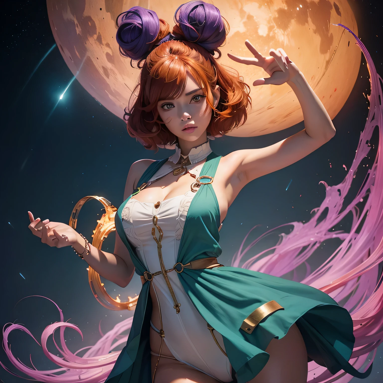 concept art, overhead angle of a Will-o'-the-wisp, wearing Funny Somali Emerald deep orange Pinafore, Caramel hair styled as Short hair, fluorescent purple Hair tie, equirectangular 360, Highres,  [(art by Willi Baumeister:1.1), (art by John T. Biggers:1.2)::17], official art, unity 8k wallpaper, ultra detailed, aesthetic, masterpiece, best quality, photorealistic