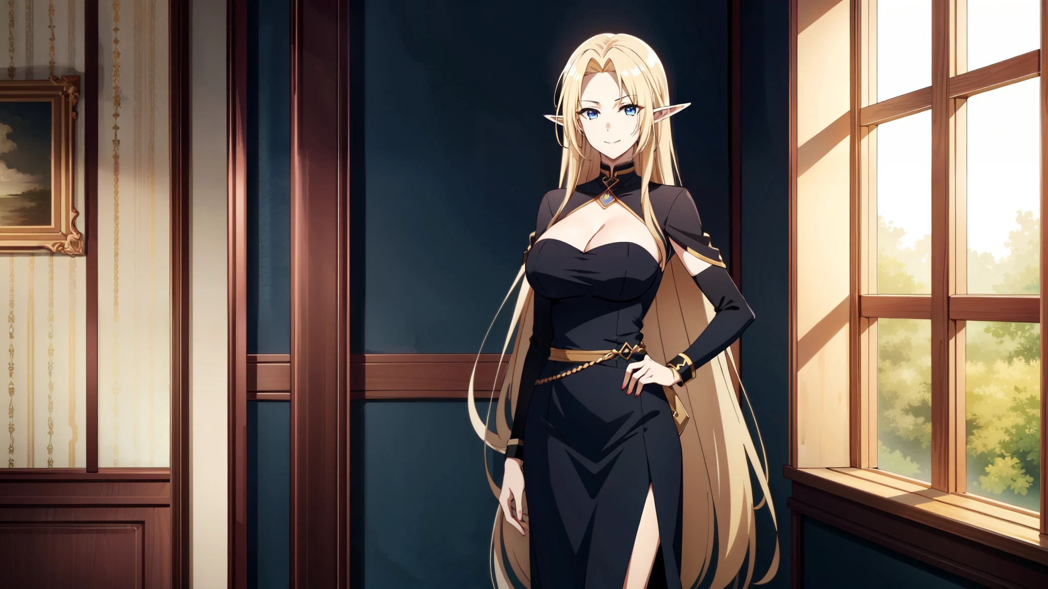 tall body, tall, long legs, mature female, mature, adult, simple background eft_eminence_elf, 1girl, long hair, solo, blonde hair, very long hair, dress, smile, blue eyes, looking at viewer, pointy ears, standing, window, black dress, bracelet, jewelry, indoors, breasts, closed mouth, elf