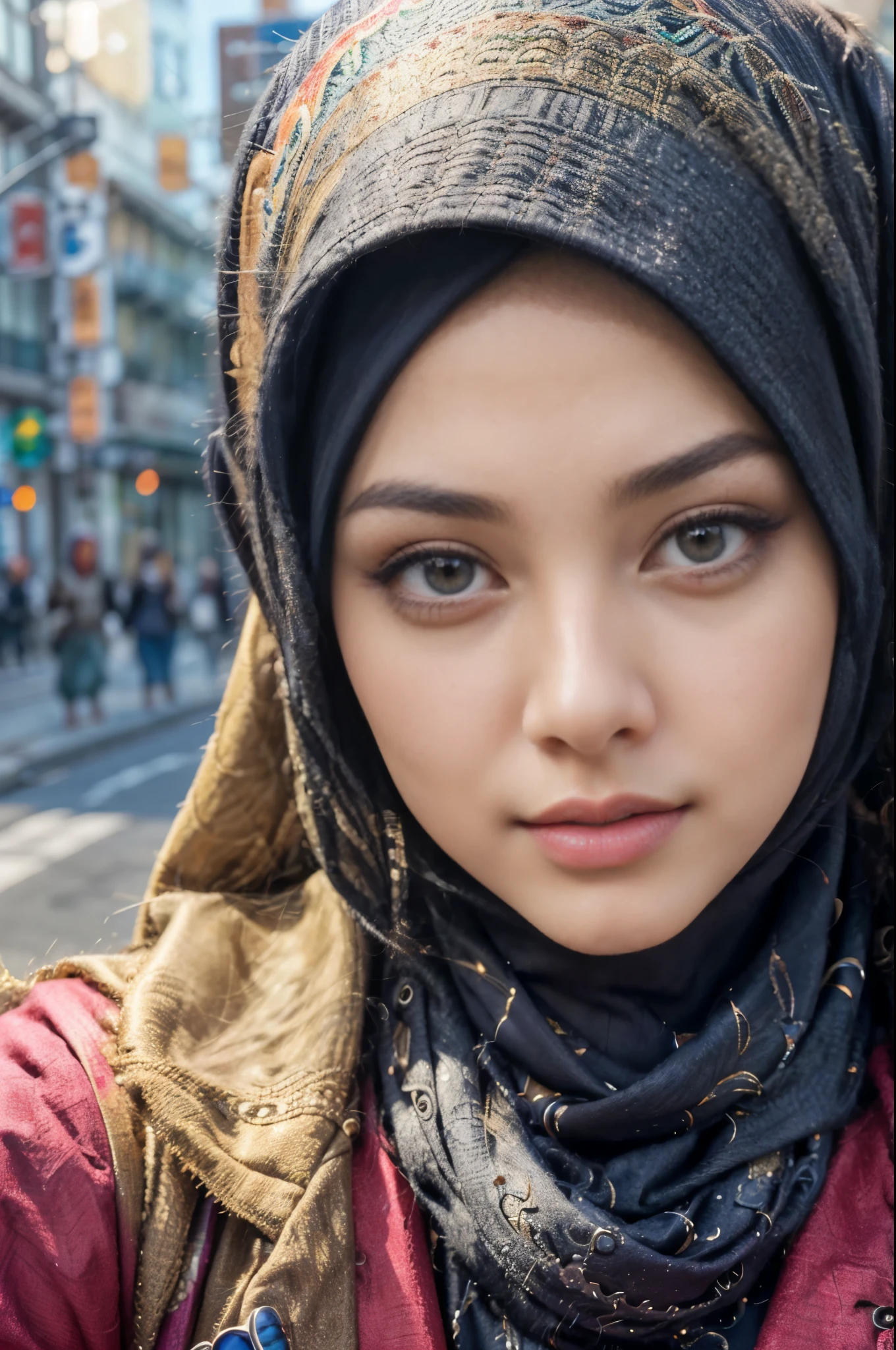 (best quality,4k,highres),vivid colors,close-up,beautiful eyes,beautiful detailed lips,detailed eyelashes,expressive face,confident expression,young muslim woman,hijab fashion,colorful background,stylish accessories,striking red jacket,contrast with background,graceful posture,outdoor setting, walking in tokyo,fashionista,proud of her heritage,joyful mood,fashion-forward,girlpower,strong and independent woman,positive attitude,eyebrows on fleek,professional natural makeup,contemporary fashion,emphasize the eyes,flawless skin,high-quality photography,portrait photography,hijab style inspiration,empowered and elegant,lens flare effect,soft lighting,studio shot,embrace diversity,celebrate individuality,cultural pride, photon mapping, vivid colors,