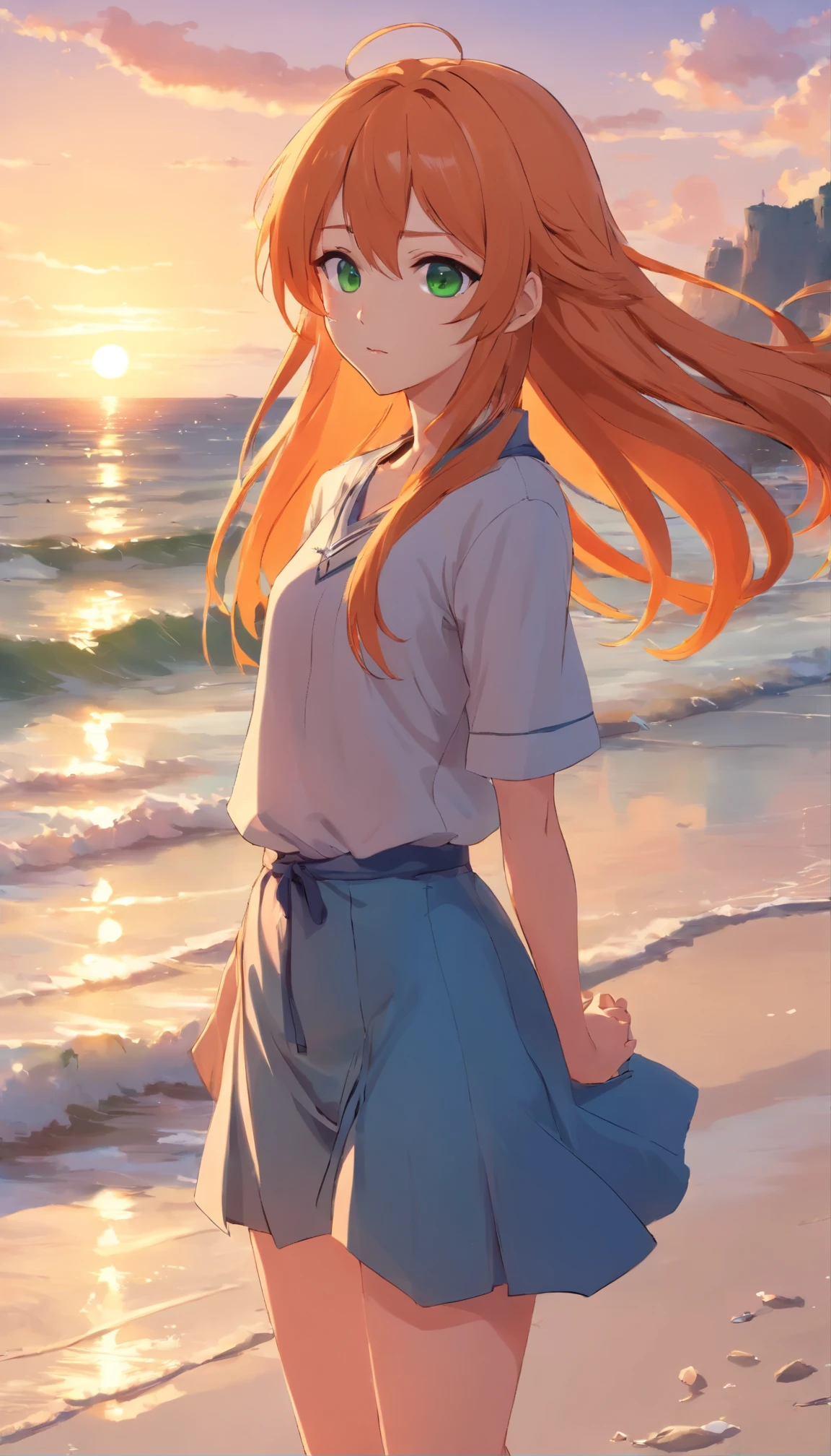 Anime girl with long orange hair, standing on the beach near the ocean, green eyes detailed digital anime art, anime girl with long hair, гладкое аниме cg art, anime girl with long hair, digital anime art, work in Guweiz style, Beautiful anime portrait, Photorealistic render of an anime girl, Beautiful anime girl, advanced digital anime art, guweiz на artstation pixiv HD UHD HQ