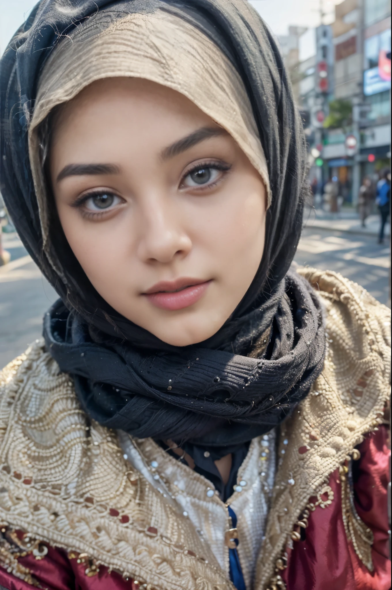 (best quality,4k,highres),vivid colors,close-up,beautiful eyes,beautiful detailed lips,detailed eyelashes,expressive face,confident expression,young muslim woman,hijab fashion,colorful background,stylish accessories,striking red jacket,contrast with background,graceful posture,outdoor setting, walking in tokyo,fashionista,proud of her heritage,joyful mood,fashion-forward,girlpower,strong and independent woman,positive attitude,eyebrows on fleek,professional natural makeup,contemporary fashion,emphasize the eyes,flawless skin,high-quality photography,portrait photography,hijab style inspiration,empowered and elegant,lens flare effect,soft lighting,studio shot,embrace diversity,celebrate individuality,cultural pride, photon mapping, vivid colors,