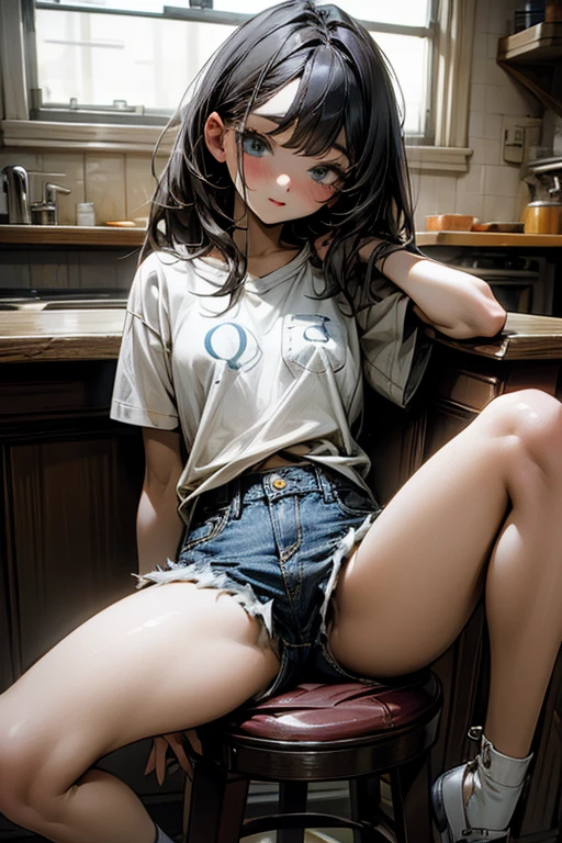 a girl sitting on barstool cushion, spread legs, denim miniskirt, white panties,