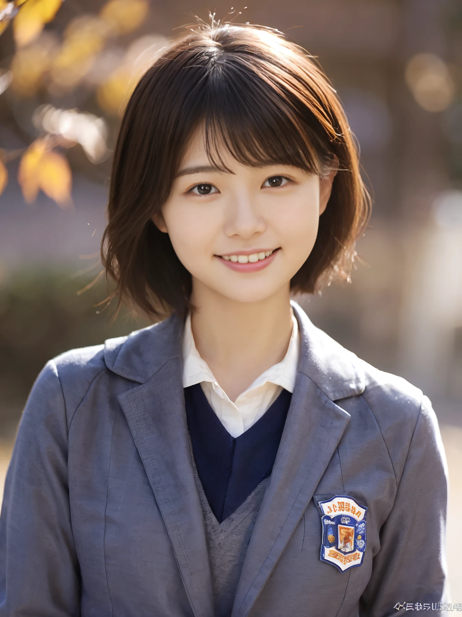 short cut hairstyle 、japanese women、autumn school building、thin脚、extraordinary beauty、cute face、best smile、cute smile、frontage、thin、School、 (Raw photo:1.2), (Photoreal:1.4), beautiful detailed girl, very detailed目と顔, beautiful and fine eyes, huge file size, High resolution, very detailed, highest quality, masterpiece, ((Japanese girls' high school uniform)), very detailed, CG, 8k wallpaper, grow, finely, highest quality, Hvery detailed CG uniforms、 light shines on your face、movie lighting、25 years old、big breasts