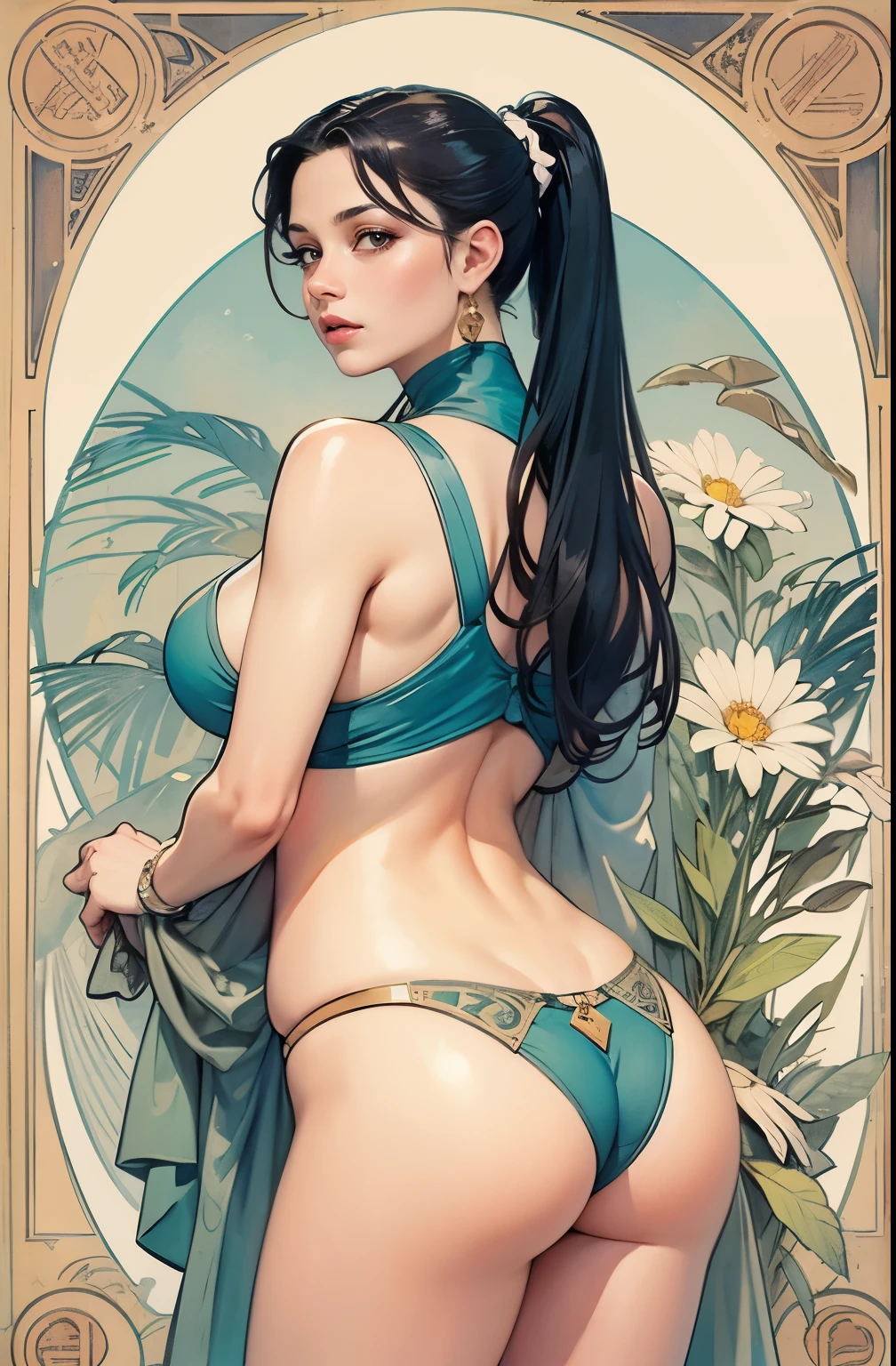 ((masterpiece)), (best quality), (Work),  Art Nouveau watercolor painting , moon goddess  , big breasts，The nipples are prominently prominent，ultra thin bra，thong，show navel，exposed camel toe，big eyes, long, thick eyelashes, plump lips, dark red eyes, hair long and thick,  high ponytail, chubby, flowery_background, Intricate designs and patterns in the style of Alphonse Mucha.from behind