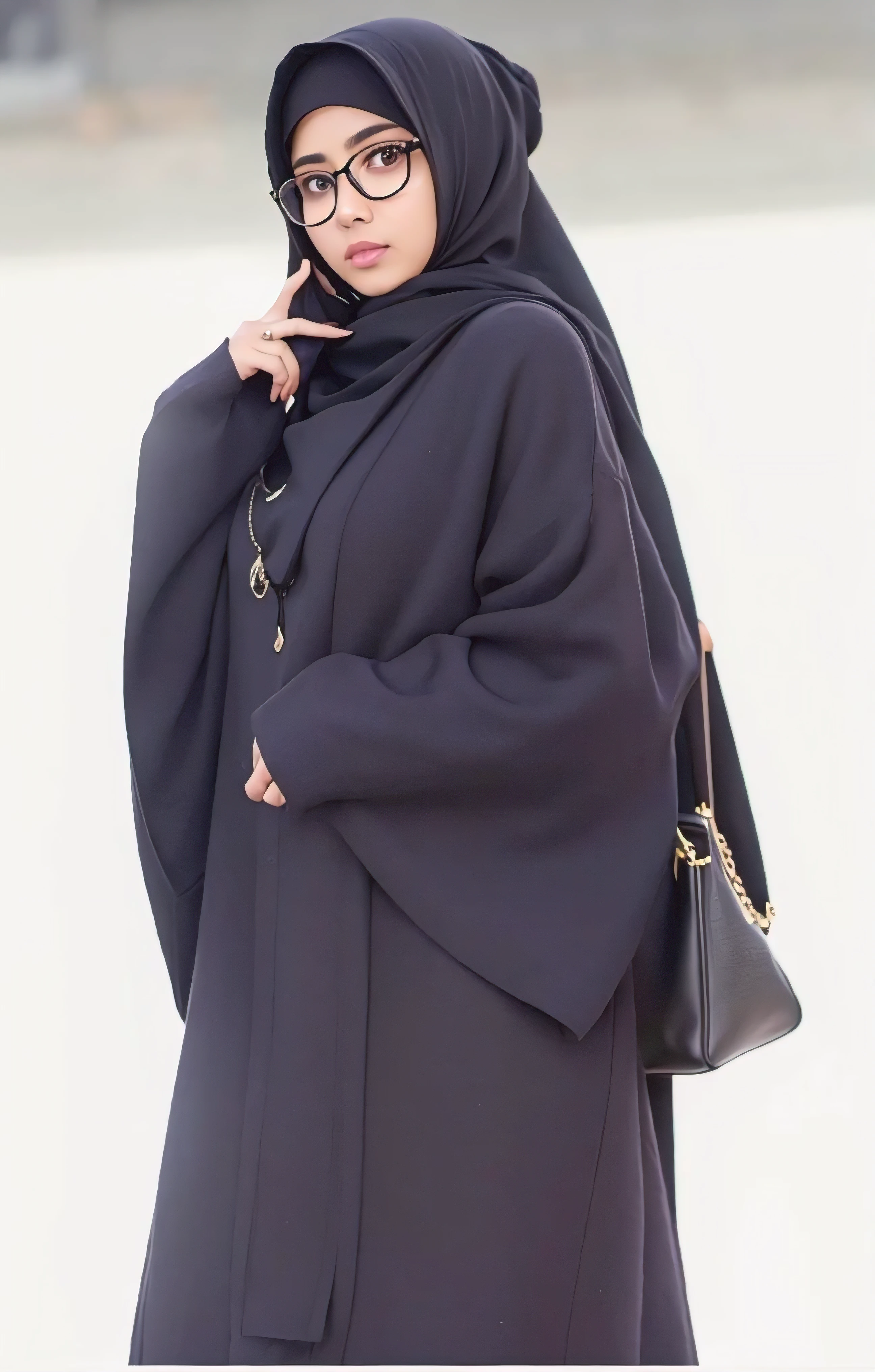 Detailed eyes, detailed clothes, detailed bag, detailed mouth, detailed Glasses, detailed body, Detailed hijab, detailed face, realistic body, realistic background, 70mm lens, detailed eyes,