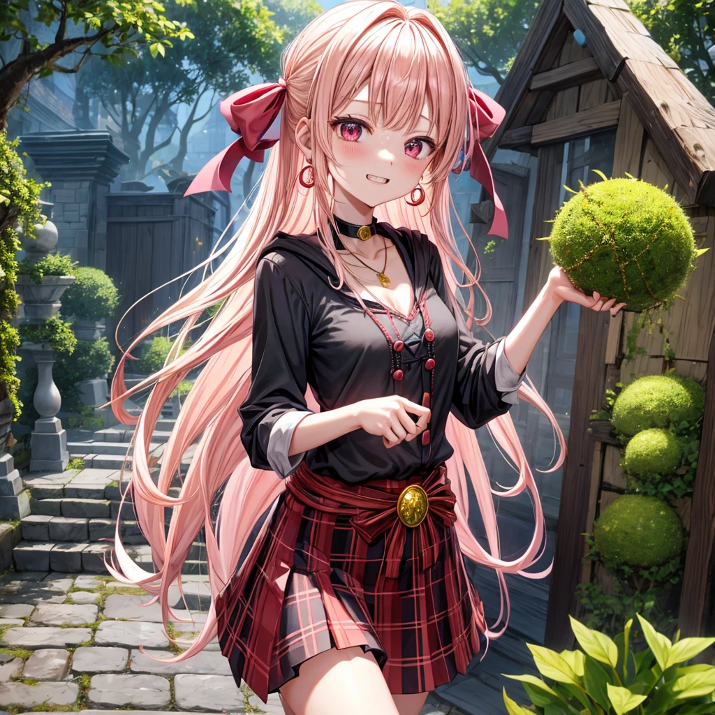 pink blonde、red eyes、one good looking girl、solo、anime、plaid mini skirt、the skirt has buttons、black camisole、black t-shirt、dress、wearing a ribbon、ribbon at waist、cloak、hood、stone slabs are piled up、crystal earrings、monster castle、jewelry necklace、Light and shadow、walking、tunnel、clock、universe、vine plant、petal、tilting one's face、teeth are visible、door of the future、spiral stage、fire spirit、moss is growing、book of magic、Iron nuggets、Venus