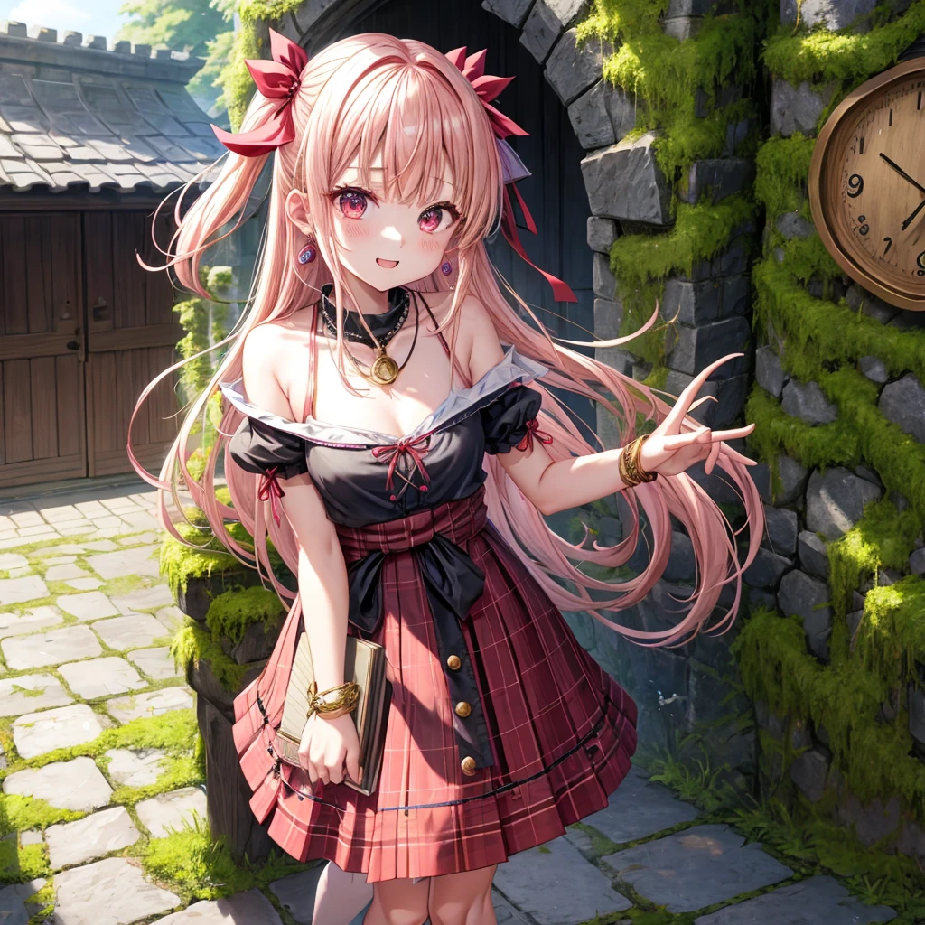 pink blonde、red eyes、one good looking girl、solo、anime、plaid mini skirt、the skirt has buttons、black camisole、black t-shirt、dress、wearing a ribbon、ribbon at waist、cloak、hood、stone slabs are piled up、crystal earrings、monster castle、jewelry necklace、Light and shadow、walking、tunnel、clock、universe、vine plant、petal、tilting one's face、teeth are visible、door of the future、spiral stage、fire spirit、moss is growing、book of magic、Iron nuggets、Venus