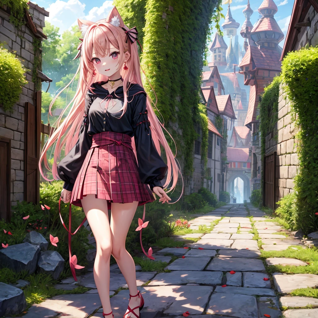 pink blonde、red eyes、one good looking girl、solo、anime、plaid mini skirt、the skirt has buttons、black camisole、black t-shirt、dress、wearing a ribbon、ribbon at waist、cloak、hood、stone slabs are piled up、crystal earrings、monster castle、jewelry necklace、Light and shadow、walking、tunnel、clock、universe、vine plant、petal、tilting one's face、teeth are visible、door of the future、spiral stage、fire spirit、moss is growing、book of magic、Iron nuggets、Venus