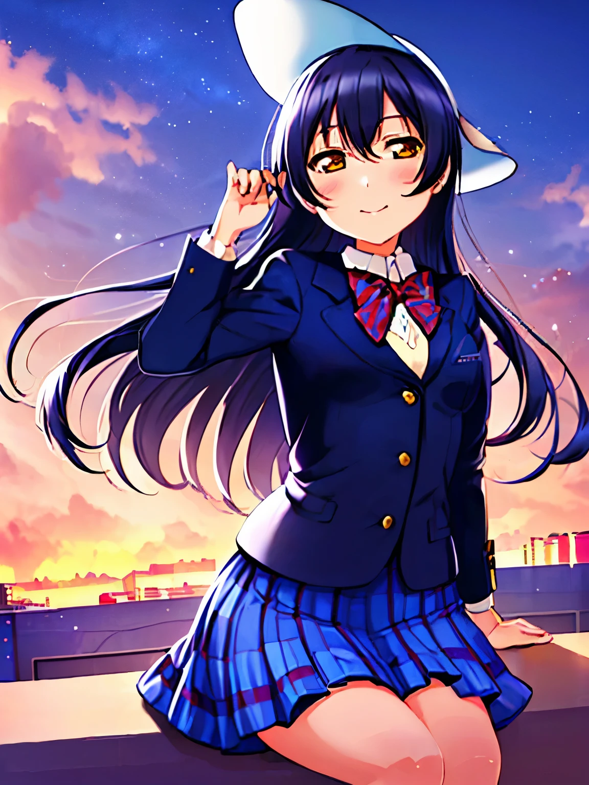 (masterpiece, best quality, ultra-detailed), (illustration), (beautiful detailed eyes), (1girl), (solo), sonoda umi, blue hair, yellow eyes,  skirt, sitting, jacket, blue bow, blazer, winter uniform, blue bowtie, otonokizaka school uniform, outdoors,