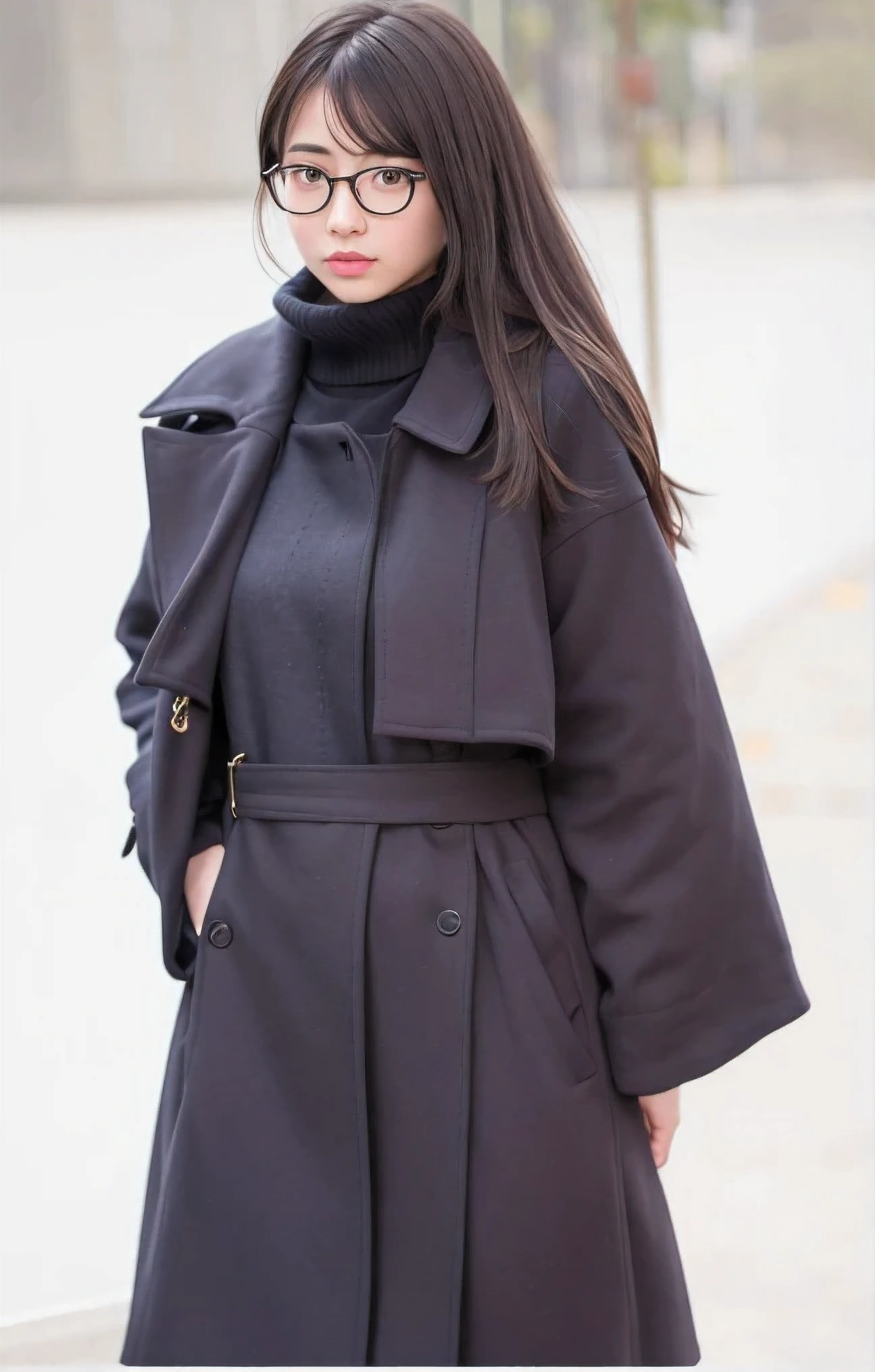A woman in a black coat and glasses standing on a sidewalk - SeaArt AI