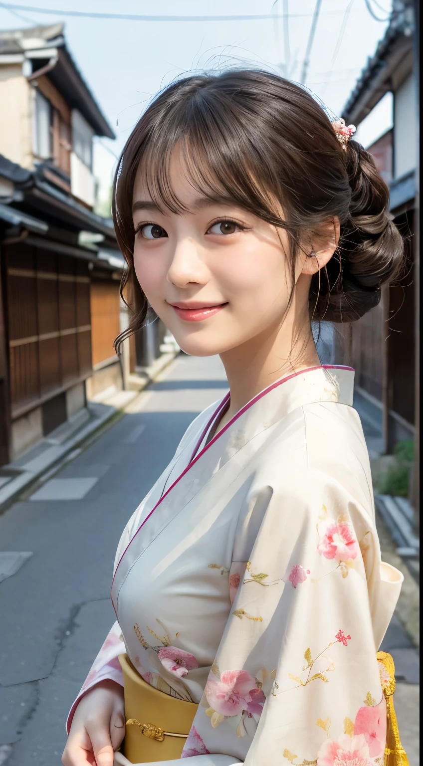 professional lighting,(Photoreal:1.4), (Top image quality:1.0), (超A high resolution:1.0), 8k, Raw photography, (masterpiece:0.2), (face to face with the children_v1:0.5)、(最高quality Detail:1.2)、realistic、8k UHD、High resolution、(1 girl:1.2)、超be familiar withな、High quality textures、intricate details、be familiar with、Very be familiar with CG、High quality shadows、be familiar with 美しく繊細な顔、Beautiful details and delicate eyes、(symmetrical eyes:1.2),written boundary depth、ray tracing,1 girl, japanese girl, (natural smile:1.4),cute, thin, Portrait of a beautiful Japanese woman wearing a kimono, Standing elegantly on a street corner in Kyoto. Kimono with bright traditional patterns, Hair decorated with elegant and delicate hairpins, and a gentle expression. (Against the backdrop of the old streets of Kyoto:1.4)、soft light on a spring afternoon、adds tranquility to the scene. Rendered in a realistic style with great attention to detail, High resolutionの画像.sky porn, magic hour, (realistic:1.3), finely, quality, (table top:1.2), (realistic:1.2), (最高quality), (複雑なbe familiar with), dramatic, ray tracing, photograph, +roller