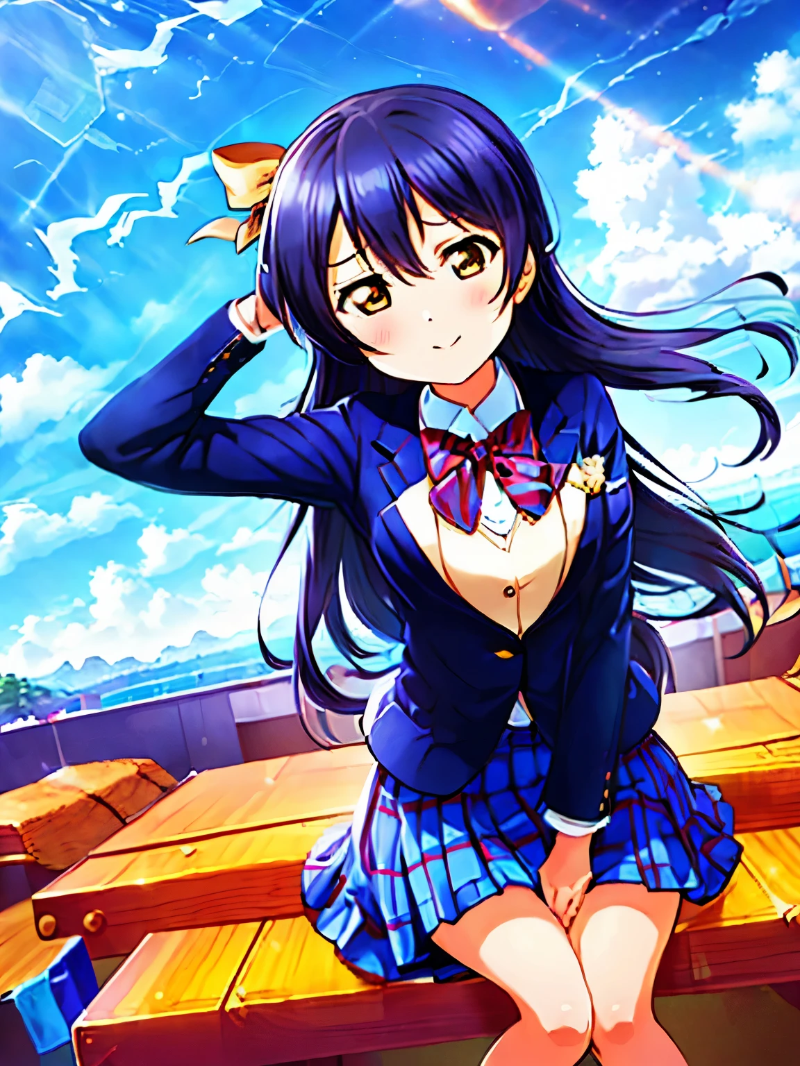 (masterpiece, best quality, ultra-detailed), (illustration), (beautiful detailed eyes), (1girl), (solo), sonoda umi, blue hair, yellow eyes,  skirt, sitting, jacket, blue bow, blazer, winter uniform, blue bowtie, otonokizaka school uniform, outdoors,