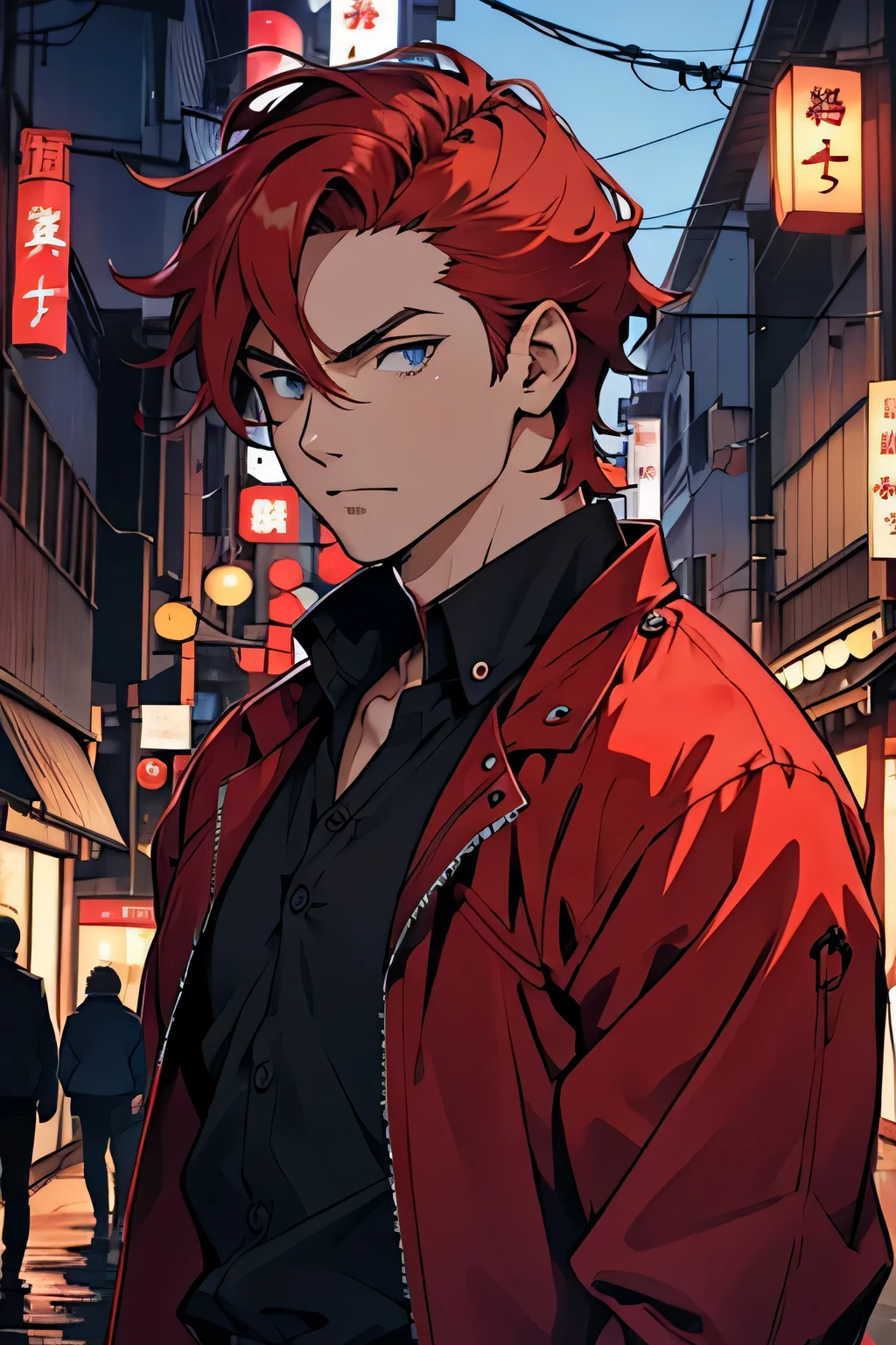 homem, Cabelo ruivo curto, forte, estilo anime, olhos azuis, blusa preta, jaqueta vermelha, Fundo da cidade japonesa