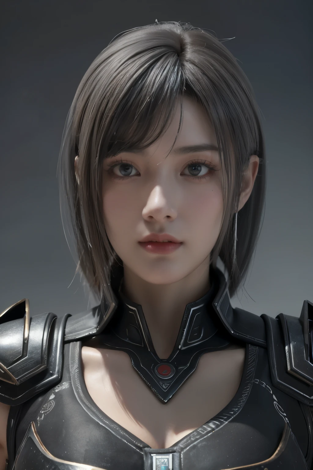 Masterpiece,Game art,The best picture quality,Highest resolution,8K,(Portrait),Unreal Engine 5 rendering works,(Digital Photography),((Portrait Feature:1.5)),
20 year old girl,Short hair details,With long bangs,(The red eye makeup is very meticulous),(With long gray hair:1.4),(Large, full breasts),Elegant and noble,Brave and charming,
(Future armor combined with the characteristics of ancient Chinese armor,Hollow design,Power Armor,The mysterious Eastern runes,A delicate dress pattern,A flash of magic),Warrior of the future,Cyberpunk figures,Background of war,
Movie lights，Ray tracing，Game CG，((3D Unreal Engine))，OC rendering reflection pattern