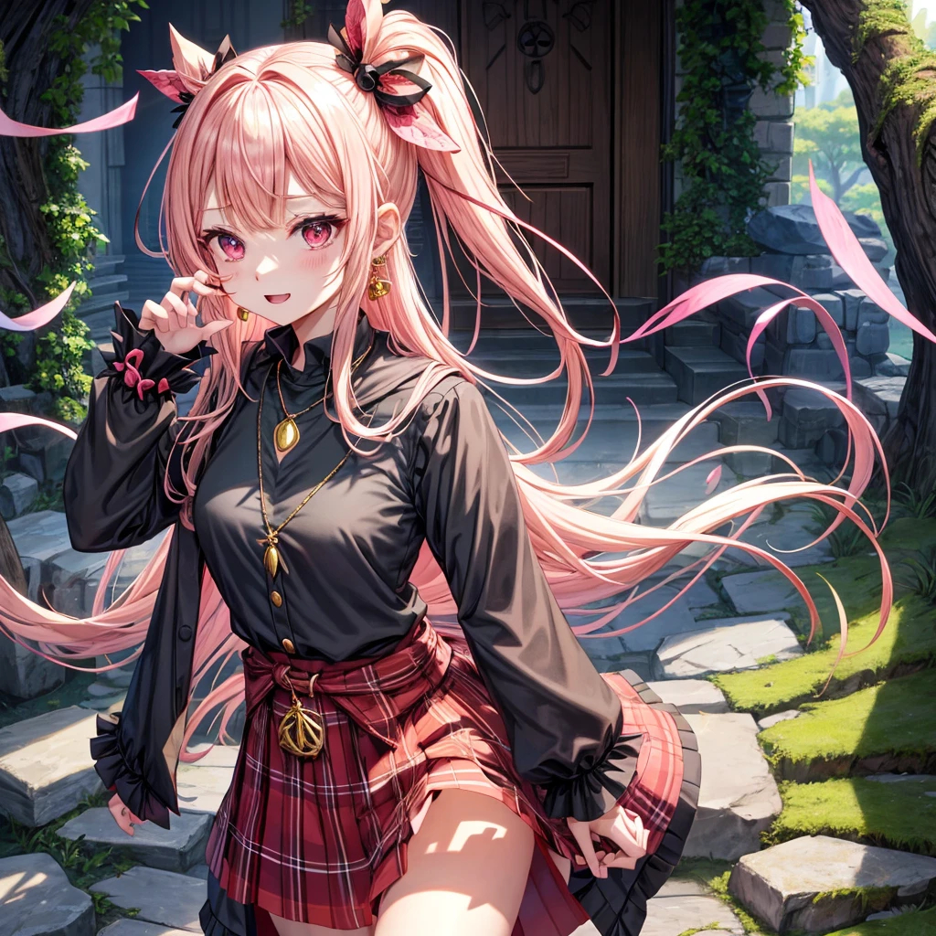 pink blonde、red eyes、one good looking girl、solo、anime、plaid mini skirt、the skirt has buttons、black camisole、black t-shirt、dress、wearing a ribbon、ribbon at waist、cloak、hood、stone slabs are piled up、crystal earrings、monster castle、jewelry necklace、Light and shadow、walking、tunnel、clock、universe、vine plant、petal、tilting one&#39;s face、teeth are visible、door of the future、spiral stage、fire spirit、moss is growing、book of magic、Kinmokusei