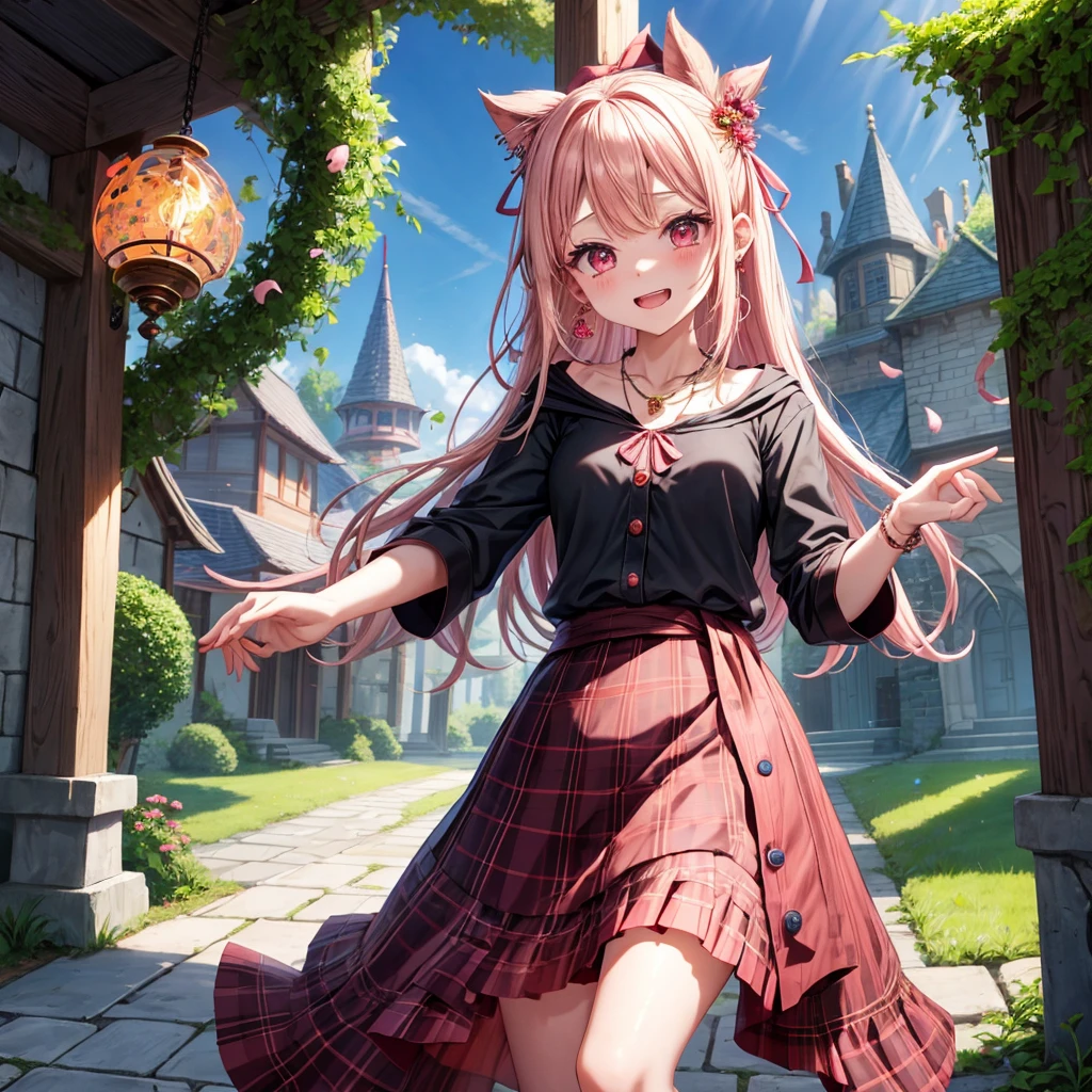 pink blonde、red eyes、one good looking girl、solo、anime、plaid mini skirt、the skirt has buttons、black camisole、black t-shirt、dress、wearing a ribbon、ribbon at waist、cloak、hood、stone slabs are piled up、crystal earrings、monster castle、jewelry necklace、Light and shadow、walking、tunnel、clock、universe、vine plant、petal、tilting one's face、teeth are visible、door of the future、spiral stage、fire spirit、moss is growing、book of magic、Kinmokusei