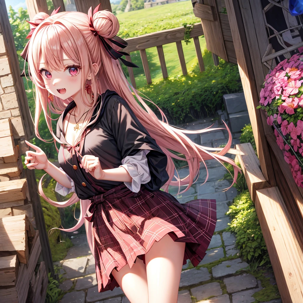 pink blonde、red eyes、one good looking girl、solo、anime、plaid mini skirt、the skirt has buttons、black camisole、black t-shirt、dress、wearing a ribbon、ribbon at waist、cloak、hood、stone slabs are piled up、crystal earrings、monster castle、jewelry necklace、Light and shadow、walking、tunnel、clock、universe、vine plant、petal、tilting one&#39;s face、teeth are visible、door of the future、spiral stage、fire spirit、moss is growing、book of magic、Kinmokusei
