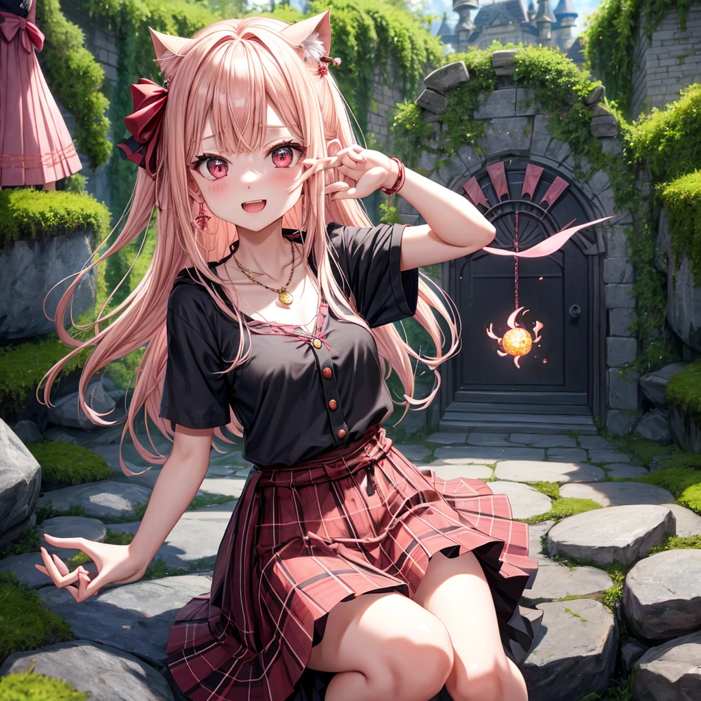 pink blonde、red eyes、one good looking girl、solo、anime、plaid mini skirt、the skirt has buttons、black camisole、black t-shirt、dress、wearing a ribbon、ribbon at waist、cloak、hood、stone slabs are piled up、crystal earrings、monster castle、jewelry necklace、Light and shadow、walking、tunnel、clock、universe、vine plant、petal、tilting one&#39;s face、teeth are visible、door of the future、spiral stage、fire spirit、moss is growing、book of magic、Kinmokusei