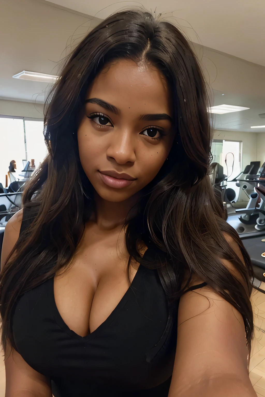 Une femme africaine noire brune de 23 ans, ((gros seins)), ((hyperréalisme)) ,. brown hair with light brown roots, very long hair, beau, Vue de face, Selfie, photo prise avec iPhone, at the gym, High quality, Selfie iPhone, clivage