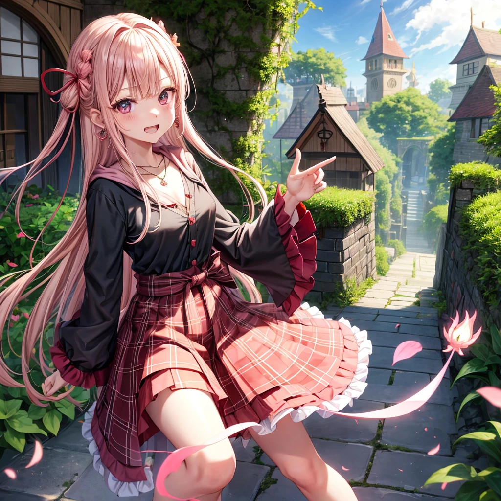 pink blonde、red eyes、one good looking girl、solo、anime、plaid mini skirt、the skirt has buttons、black camisole、black t-shirt、dress、wearing a ribbon、ribbon at waist、cloak、hood、stone slabs are piled up、crystal earrings、monster castle、jewelry necklace、Light and shadow、walking、tunnel、clock、universe、vine plant、petal、tilting one's face、teeth are visible、door of the future、spiral stage、fire spirit、moss is growing、book of magic、Kinmokusei