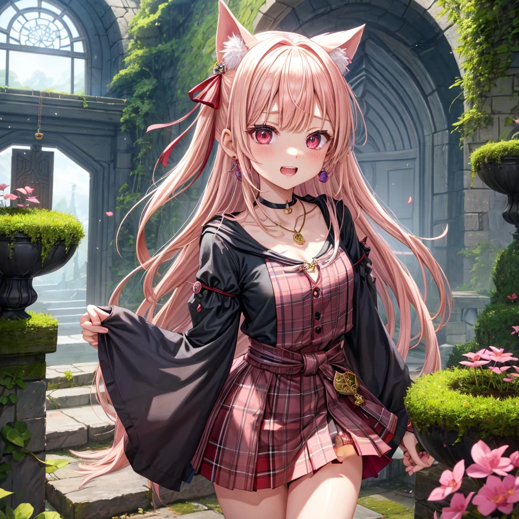 pink blonde、red eyes、one good looking girl、solo、anime、plaid mini skirt、the skirt has buttons、black camisole、black t-shirt、dress、wearing a ribbon、ribbon at waist、cloak、hood、stone slabs are piled up、crystal earrings、monster castle、jewelry necklace、Light and shadow、walking、tunnel、clock、universe、vine plant、petal、tilting one's face、teeth are visible、door of the future、spiral stage、fire spirit、moss is growing、book of magic、Kinmokusei