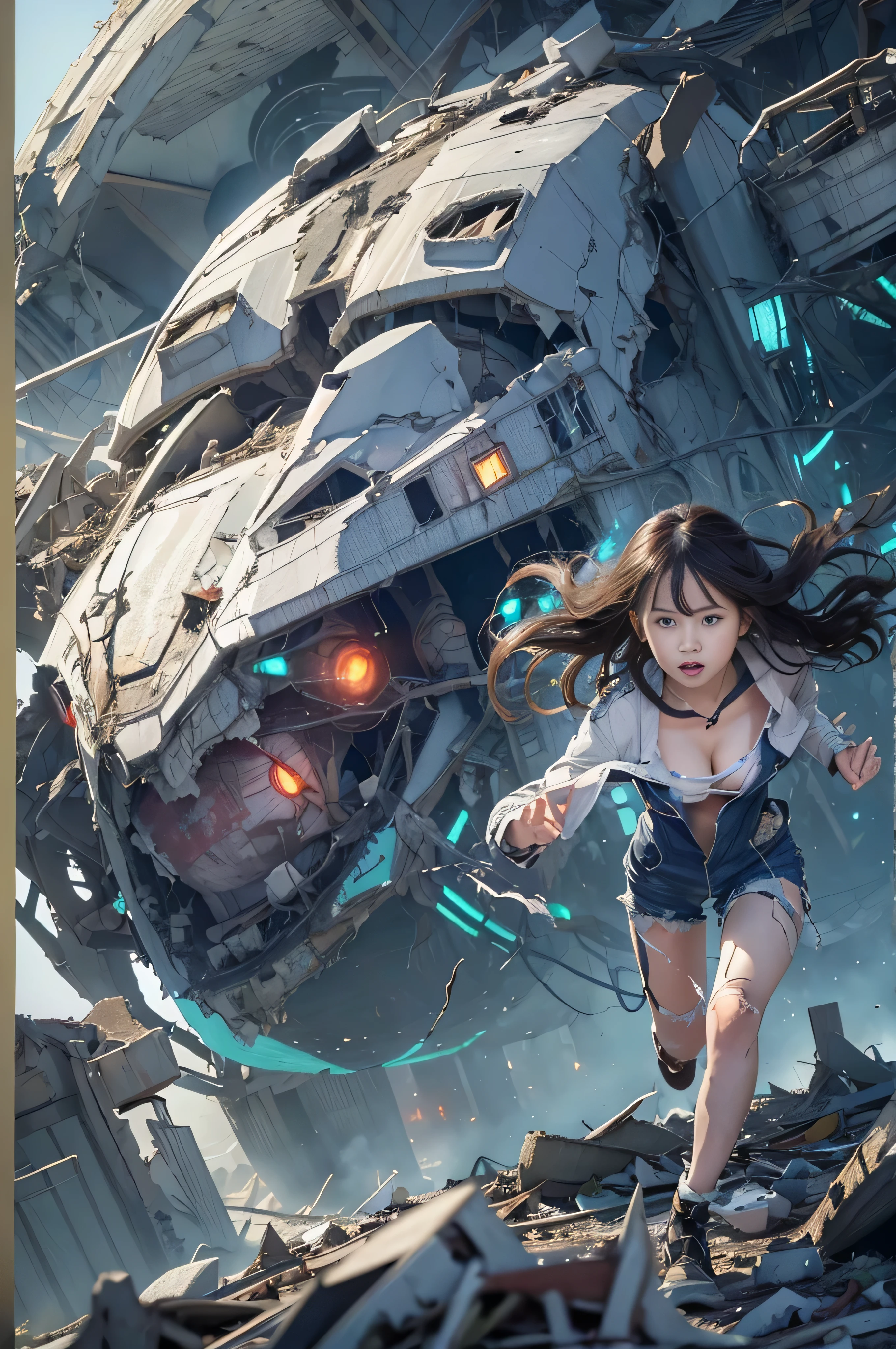 (((RAW image quality:1.4))), movie heroine "black mechanical squid". A woman is chased by a huge space monster with many glowing blue eyes..., cute japanese woman、Desperately escape from a giant space monster in a devastated metropolis.., , messy hair, Tattered pilot suit, (torn clothes:1.4), ((cleavage:1.4)), (running through the rubble:1.4). crumbling building, burning flame, explosion、white skin, smooth skin, (amazingly beautiful face:1.4), become familiar with, realistic, 8k. Countless mechanical black tentacles attack her..., biologically correct woman, negative prompt. night,