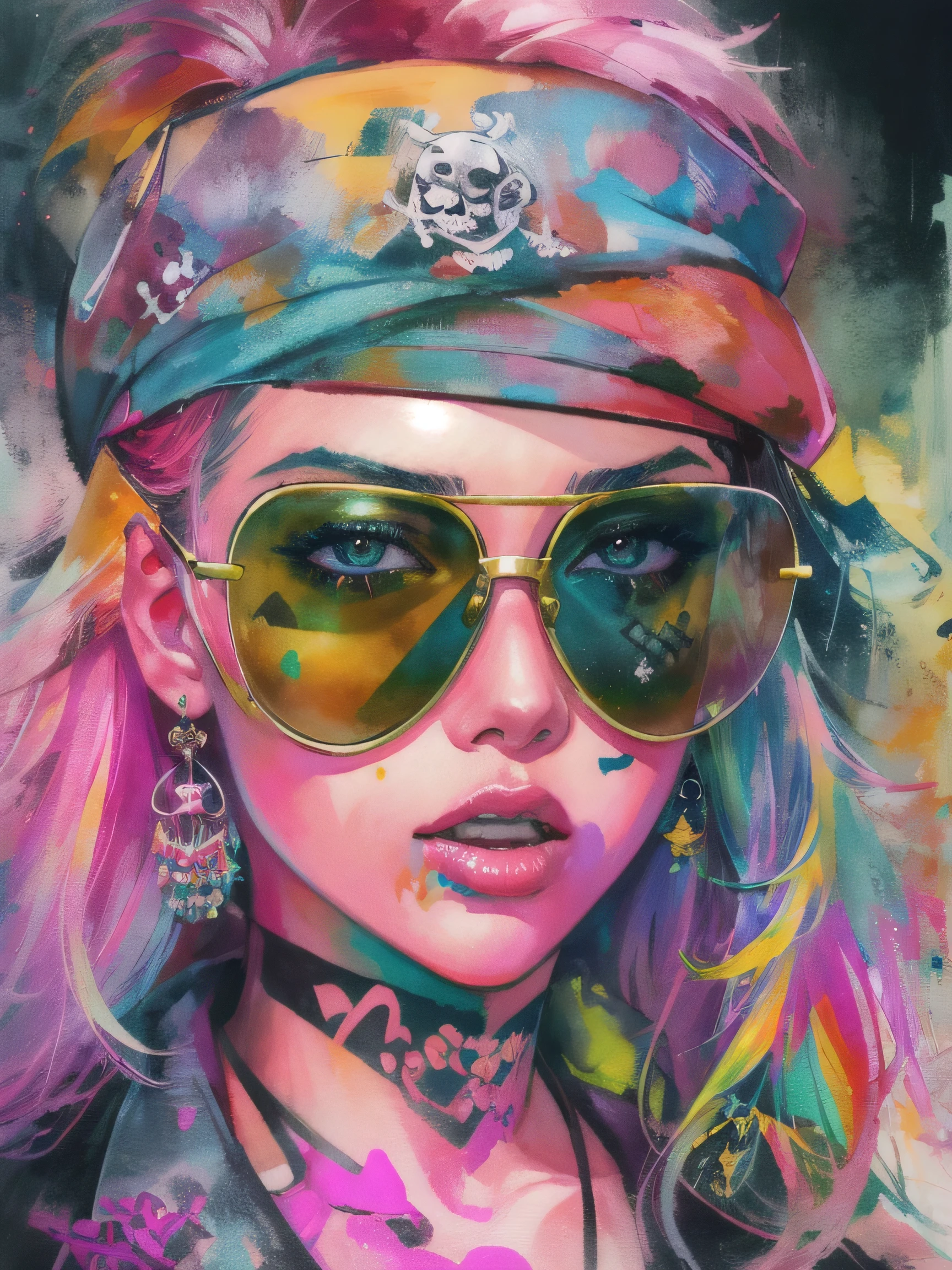 watercolor painting, 8K resolution、((highest quality))、((masterpiece))、((Super detailed))、(((most fashionable design)))、1 female、alone、incredibly absurd、 (((The most beautiful pirate girl of all time))), (((Stylish sunglasses))), lips in love, pirate bandana,neon、small breasts,、(((graffiti art))), colorful hair, provocative