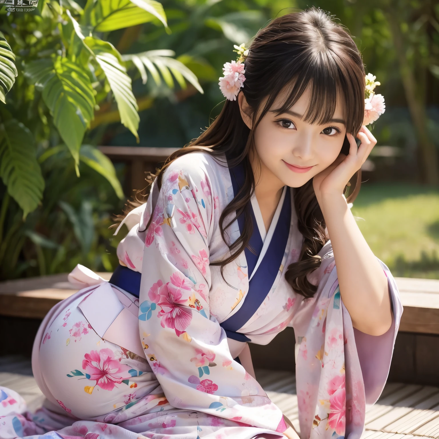 Best-quality, Masterpiece, Ultra-High-Resolution, (Photorealistic:1.4), Raw-Photo, 1girl, the most famous Japanese idol, wearing Japanese-KIMONO, upturned ass that wearing Japanese-KIMONO, looking at viewer, innocent-smile, the most cute face, the most beautiful big-eyes, the most beautiful hair, the most beautiful skins, the most beautiful long-eyelashes, the most beautiful lips, the most beautiful hip