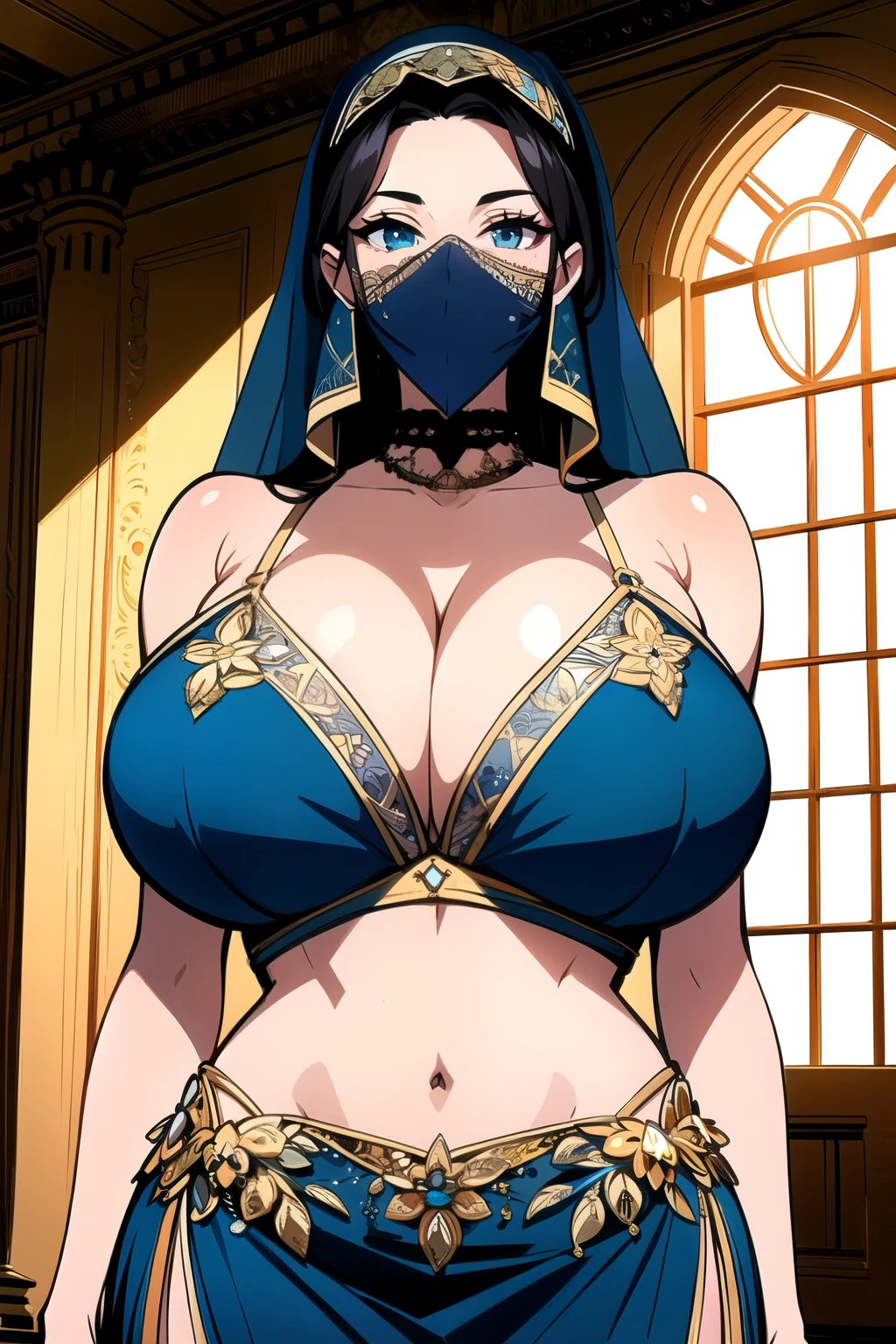 masterpiece, ((ultra detailed background, delicate pattern, intricate detail)), (highly detailed, fine details), best quality, beautiful lighting, ()), NicoRobinV2, 1girl, black hair, long hair, solo, , (smile), blue eyes, , closed mouth, hair slicked back, jewelry, collarbone, (arabian dancer outfit,  dress, crop top,  shoulder, ("mouth veil")), (complex detailed background, inside, luxury palace), , cowboy shot