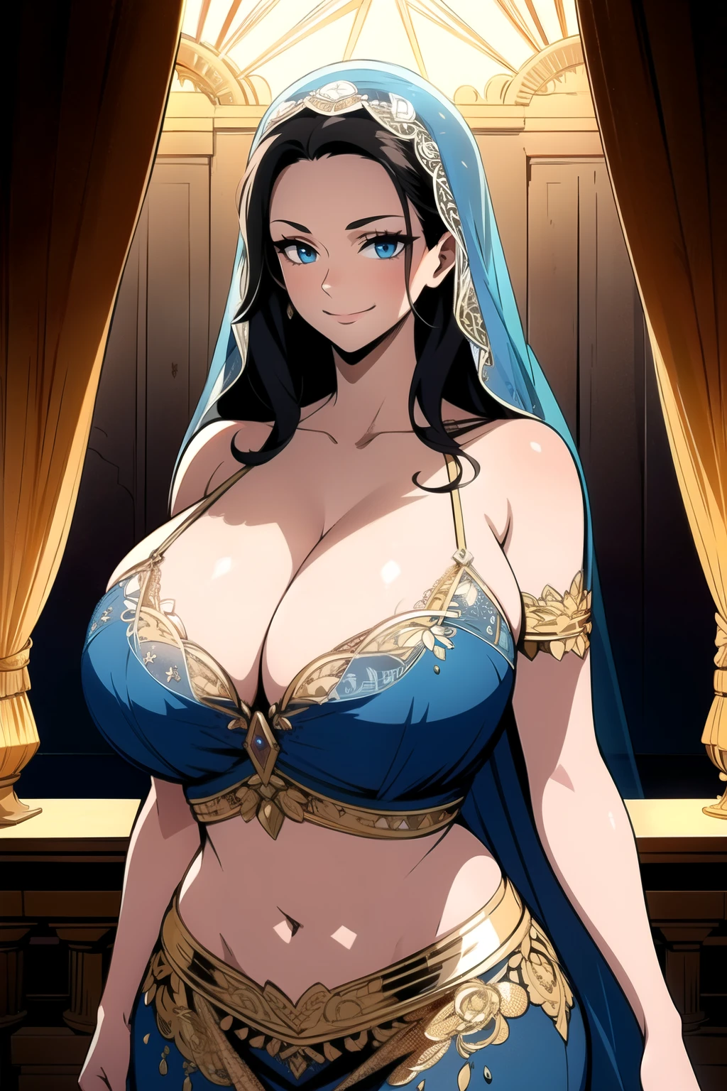 masterpiece, ((ultra detailed background, delicate pattern, intricate detail)), (highly detailed, fine details), best quality, beautiful lighting, (gigantic breasts)), NicoRobinV2, 1girl, black hair, long hair, solo, gigantic breasts, (smile), blue eyes, cleavage, closed mouth, hair slicked back, jewelry, collarbone, (arabian dancer outfit, see-through dress, crop top, bare shoulder, ("mouth veil")), (complex detailed background, inside, luxury palace), curvy, cowboy shot