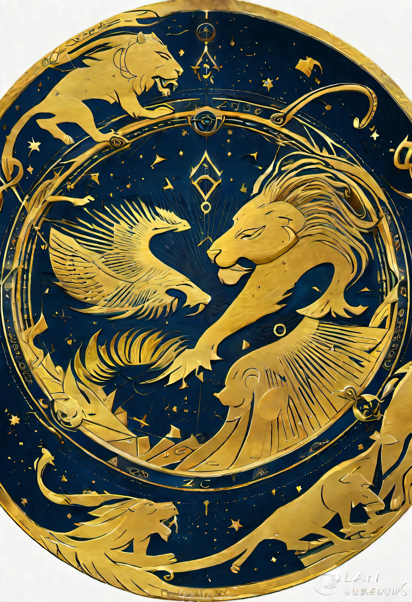 close-up of the zodiac circle, inside the circle is the magnificent Lioness goddess., unknown Zodiac sign, Zodiac sign, .astrology, gold, black , Navy blue, filigree, surrealism ,Zodiac signs, Eugene Zak, by derek zabrocki, Leo Zodiac Sign, Adam Marchinsky, from Elena Guru, Aslan the lion, Alexander Kobzdey