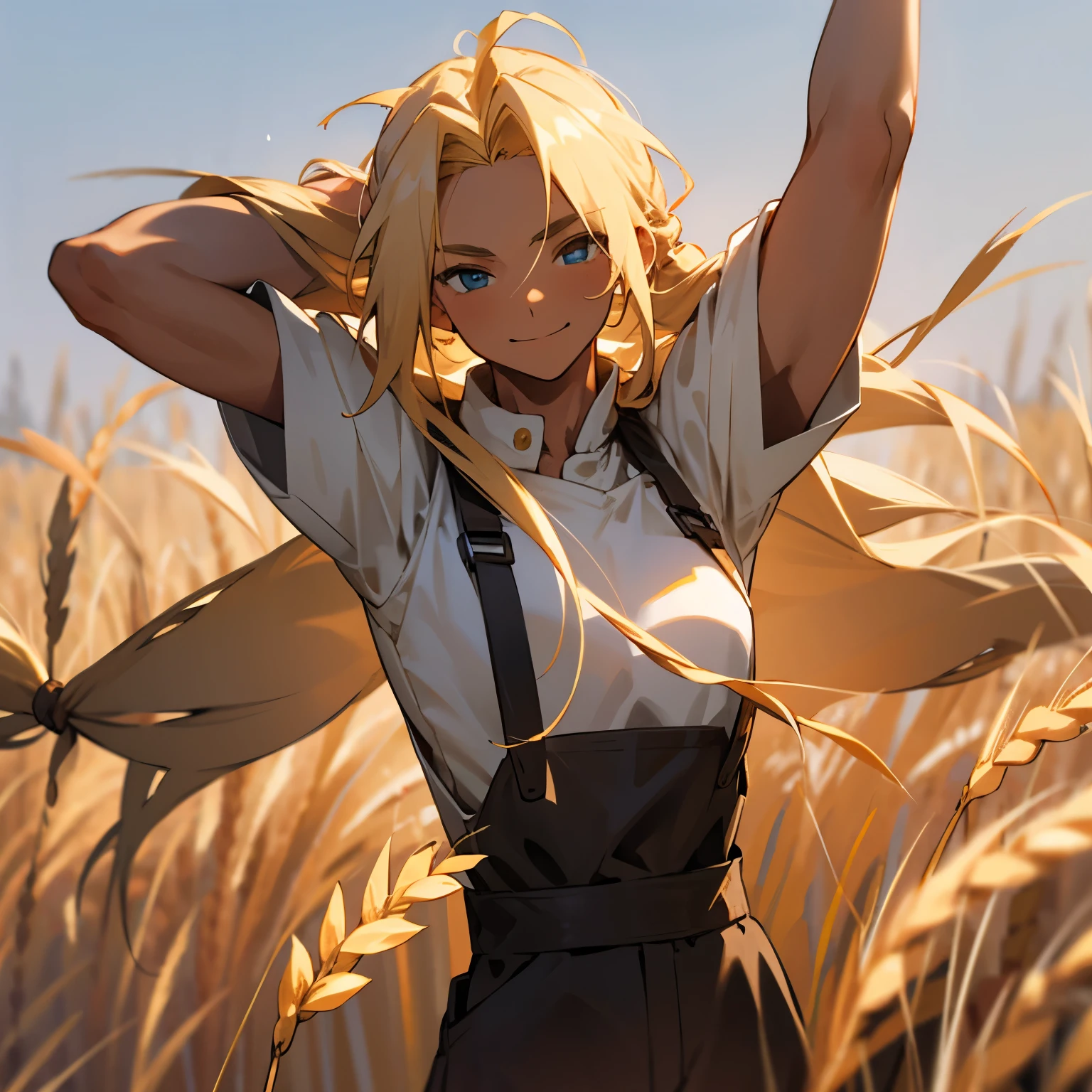 Male farmer, long blonde hair, hair tied, tanned skin, strong, overall, farmer's clothes, slight dirt, toned body, strong, wheat field, happy, smile, strong arms.