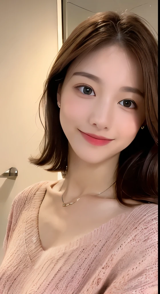 ((Night, Realistic Light, Best Quality, 8K, Masterpiece: 1.3)), 1girl, Slim Beauty: 1.4, Abs: 1.1, (Brown hair, Medium breasts: 1.3), Long pink sweater: 1.1, Bathroom, Super fine face, Delicate eyes, Double eyelids, smile, necklace