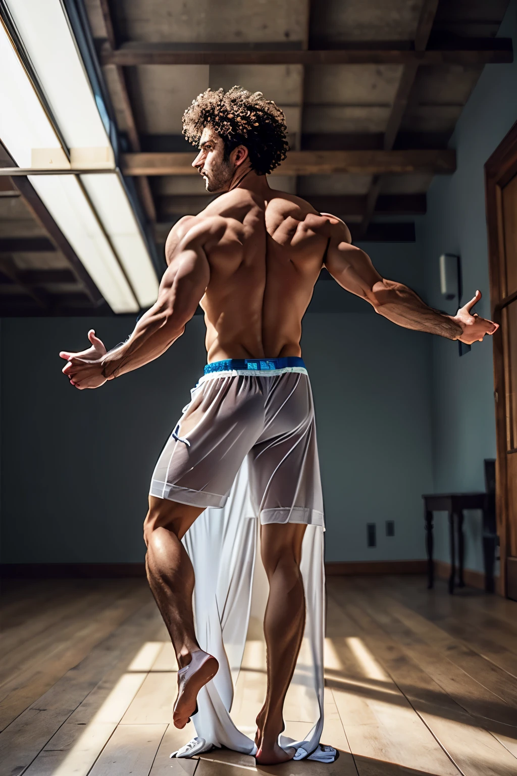 ((best quality)), ((realistic)), ((full body view)) of (handsome slender french male wearing a transparent flowy sheet, narrow face, curly hair), naked underneath, (bent backwards), dance pose, tango, bright lighting, (in a beautiful spacious mansion, many details), sharp focus, studio photo, intricate detail, very detailed, photograph, photorealistic, dramatic lighting, sharp focus, professional, 4k, hyper realistic