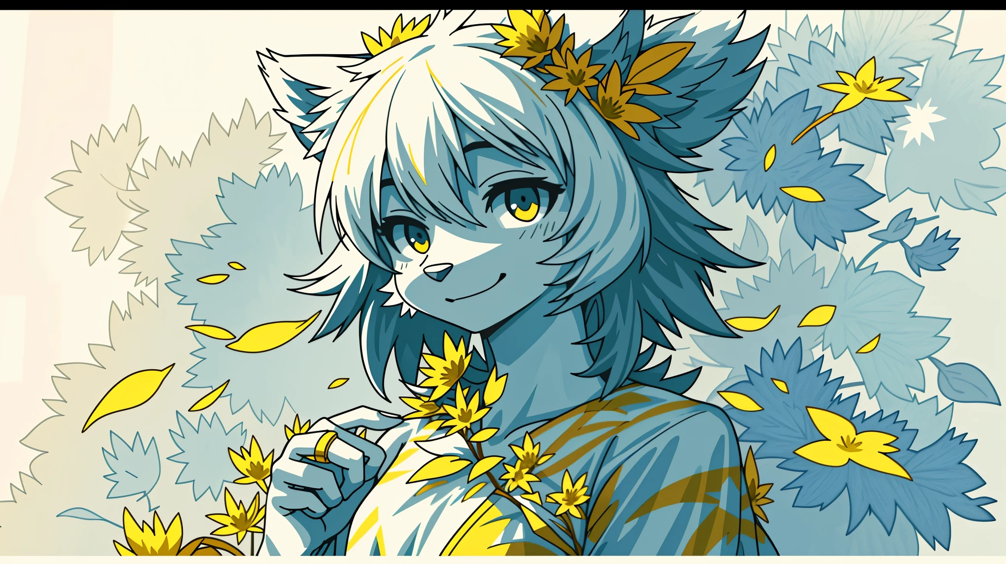 monochrome, watercolor, highres, top quality, best quality, paid reward available, High-quality illustrations, unparalleled masterpiece, perfect artwork, absurdres, 1girl, kemono, furry, detailed body fur, animal face, animal hand, Archaic Smile, holding a cluster of gold flower in both hands, which are positioned at chest level, She is wearing a simple ring on the ring finger of her left hand, unfocused spread of gold flower, fan-created work shared on platforms Pixiv or Twitter, Watercolor elements that seem to shift through time,