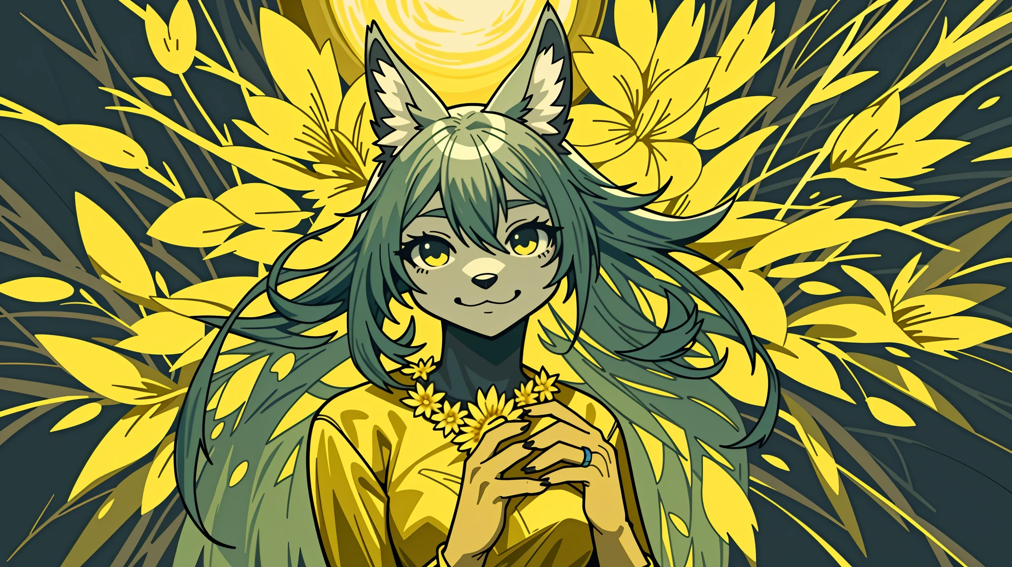 monochrome, watercolor, highres, top quality, best quality, paid reward available, High-quality illustrations, unparalleled masterpiece, perfect artwork, absurdres, 1girl, kemono, furry, detailed body fur, animal face, animal hand, Archaic Smile, holding a cluster of gold flower in both hands, which are positioned at chest level, She is wearing a simple ring on the ring finger of her left hand, unfocused spread of gold flower, fan-created work shared on platforms Pixiv or Twitter, Watercolor elements that seem to shift through time,