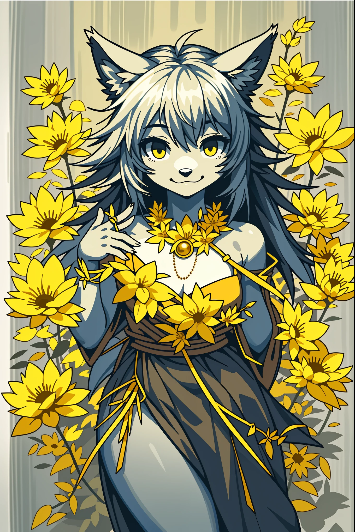 monochrome, watercolor, highres, top quality, best quality, paid reward available, High-quality illustrations, unparalleled masterpiece, perfect artwork, absurdres, 1girl, kemono, furry, detailed body fur, animal face, animal hand, Archaic Smile, holding a cluster of gold flower in both hands, which are positioned at chest level, She is wearing a simple ring on the ring finger of her left hand, unfocused spread of gold flower, fan-created work shared on platforms Pixiv or Twitter, Watercolor elements that seem to shift through time,