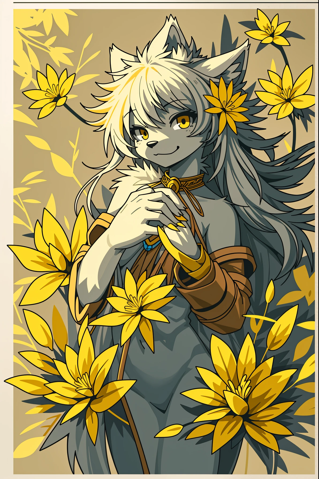 monochrome, watercolor, highres, top quality, best quality, paid reward available, High-quality illustrations, unparalleled masterpiece, perfect artwork, absurdres, 1girl, kemono, furry, detailed body fur, animal face, animal hand, Archaic Smile, holding a cluster of gold flower in both hands, which are positioned at chest level, She is wearing a simple ring on the ring finger of her left hand, unfocused spread of gold flower, fan-created work shared on platforms Pixiv or Twitter, Watercolor elements that seem to shift through time,
